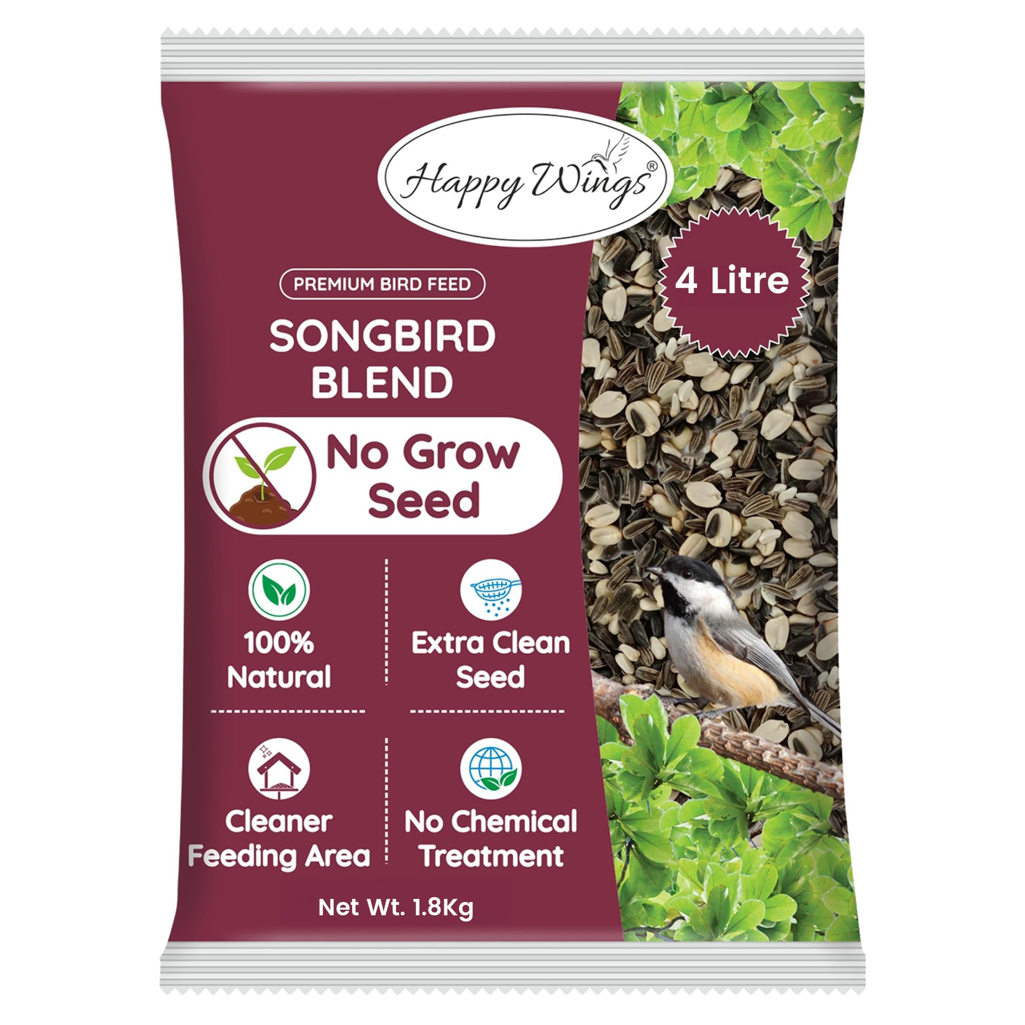 Happy Wings NO GROW Robin & Songbird Blend Bird Food (Mix of Sunflower Seeds/Kernels, Safflower Seeds and Peanuts) - Highly Nutritious Bird Feed - (1.8 Kg)