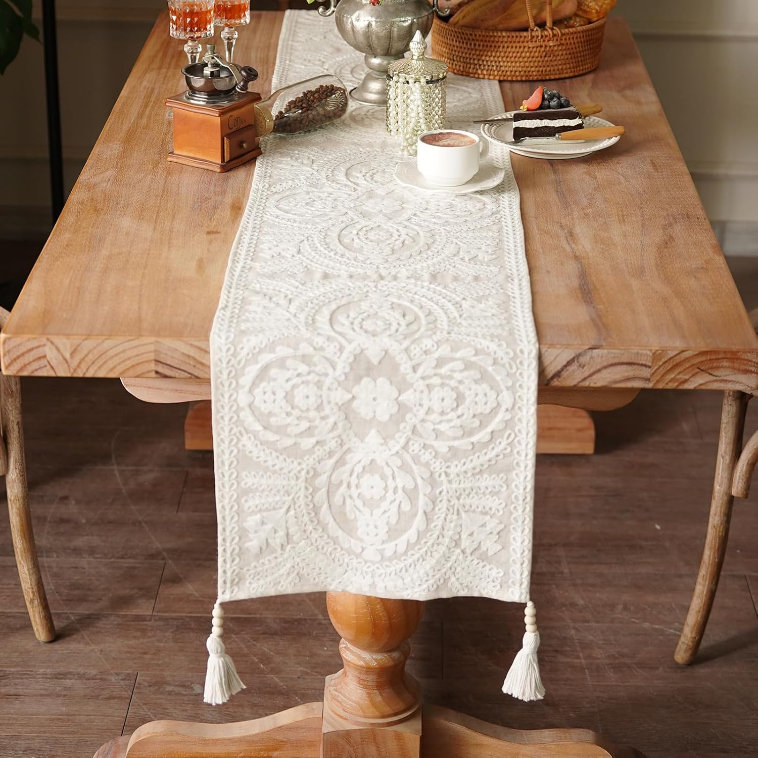 Embroidered Table Runner Boho Farmhouse Dresser Scarf Macrame Rustic Lace Doily with Tassel for Kitchen Indoor Outdoor Fireplace (Beige, 14 x 112 Inches)