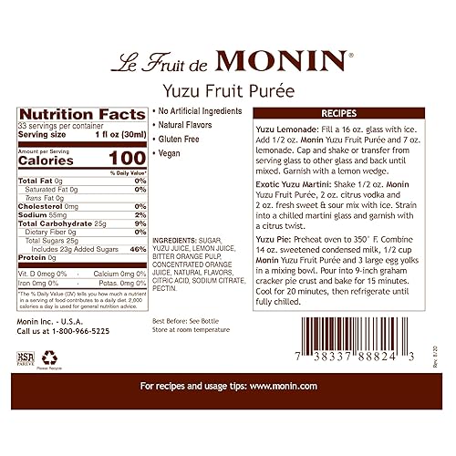 Miniatura 9 de Monin - Puré Yuzu, sabor cítrico dulce y picante, ideal para tés, refrescos, cócteles y más, sabores naturales, sin edulcorantes ni ingredientes