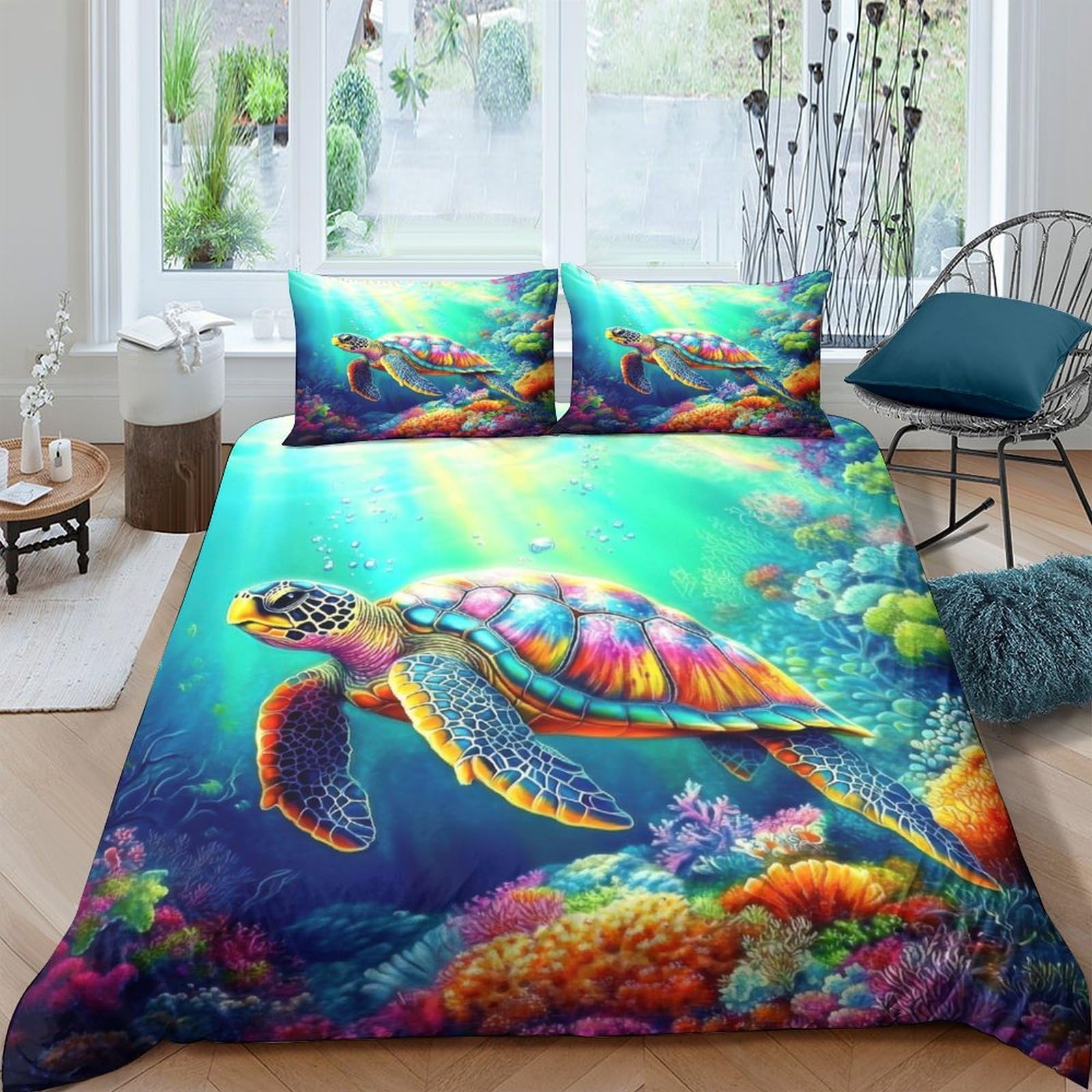 Ctjqhvkz Style-8 3D Printed Colorful Sea Turtle Fitted Sheet Microfiber Soft Ocean Coral Bed Cover For Bedroom Dorm Mattress Decor Single（135X200cm）