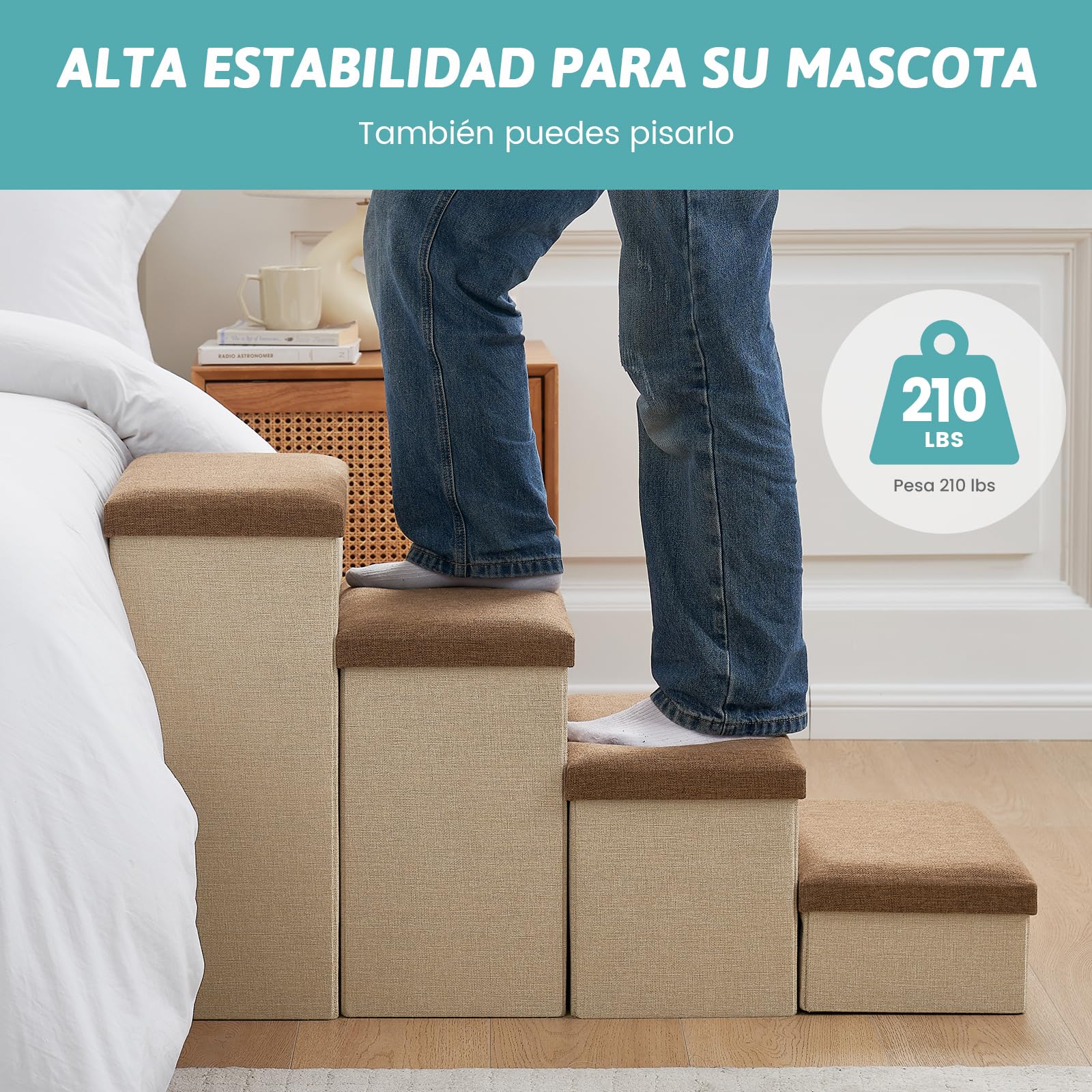 COZY KISS Escalera para Perros Pequeños con Almacenamiento, Plegable Rampa para Perros con Tapa a Prueba de Fugas, Paso para Mascotas Mayores para Silla Sofá, Ligero, Confort (Marrón, 43x72x42.5cm, 3)