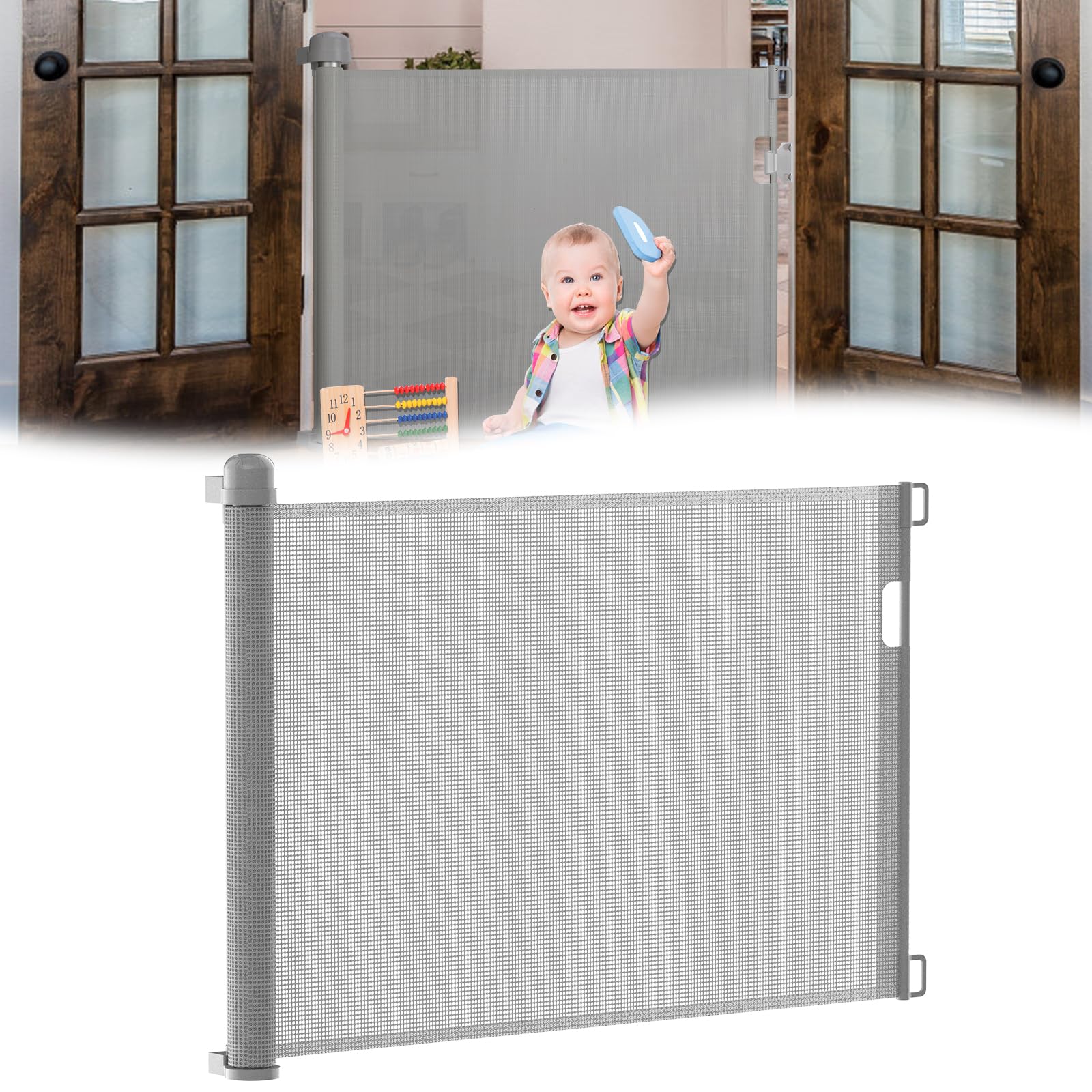 Griglia di protezione per scale, porta retrattile, estensibile da 0 a 180 cm, con doppia serratura, per bambini e cani, per interni ed esterni (180 cm, grigio), grigio, 180 cm
