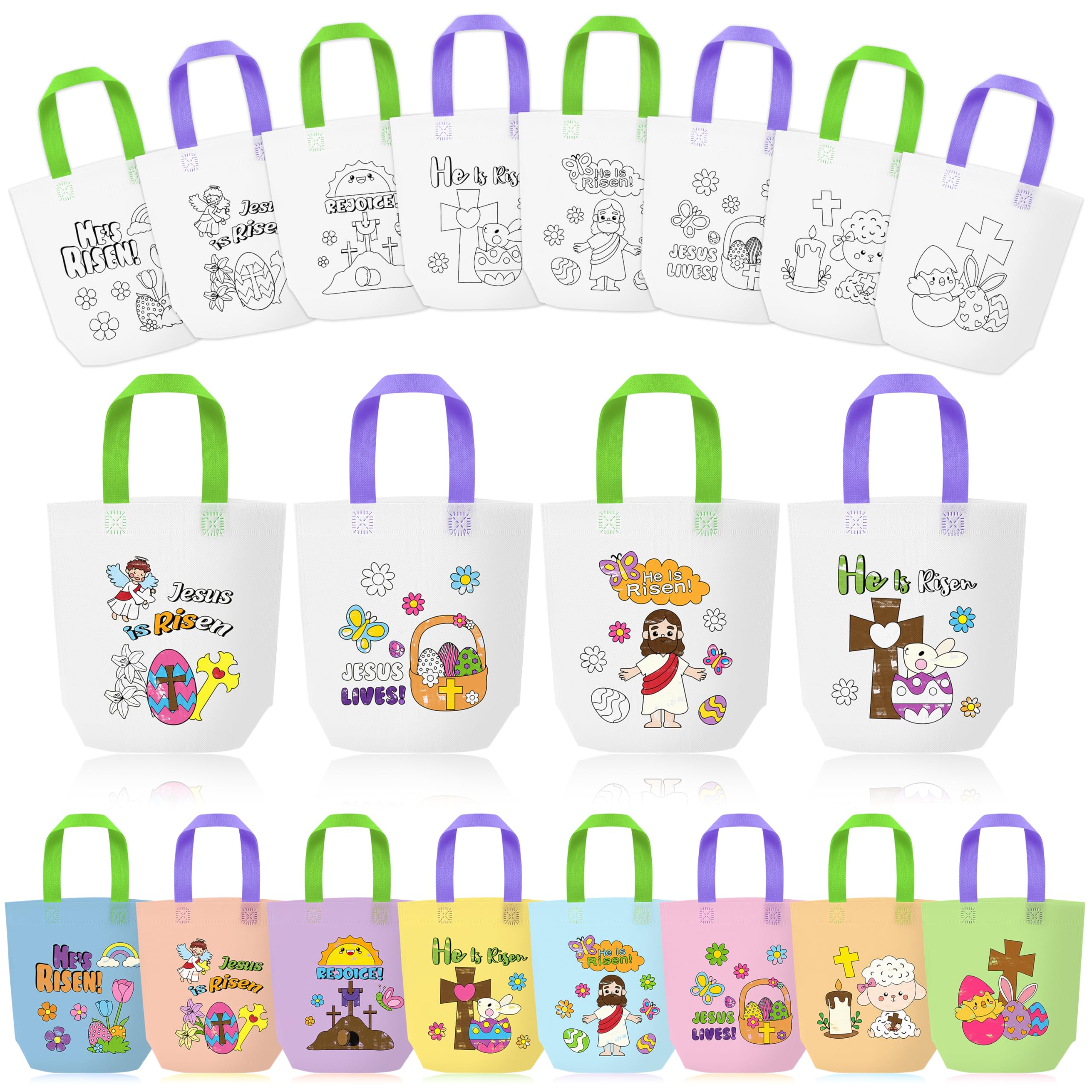 Easter Coloring Goodie Bags for Kids - 24Pcs He is Risen Bulk Color Your Own Gift Bags with Handle Religious Jesus Reusable Non Woven Coloring Tote Packet for DIY Crafts Painting Party Favor Supplies