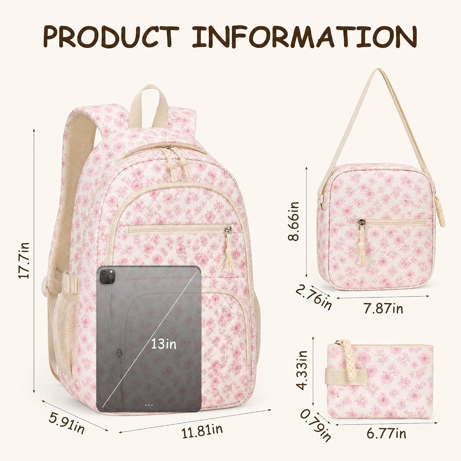 Floral Backpack 3pcs Set for Women Quilted Backpack Coquette Pleasing Kawaii Rucksack Cute Preppy Daypack (pink) image 5