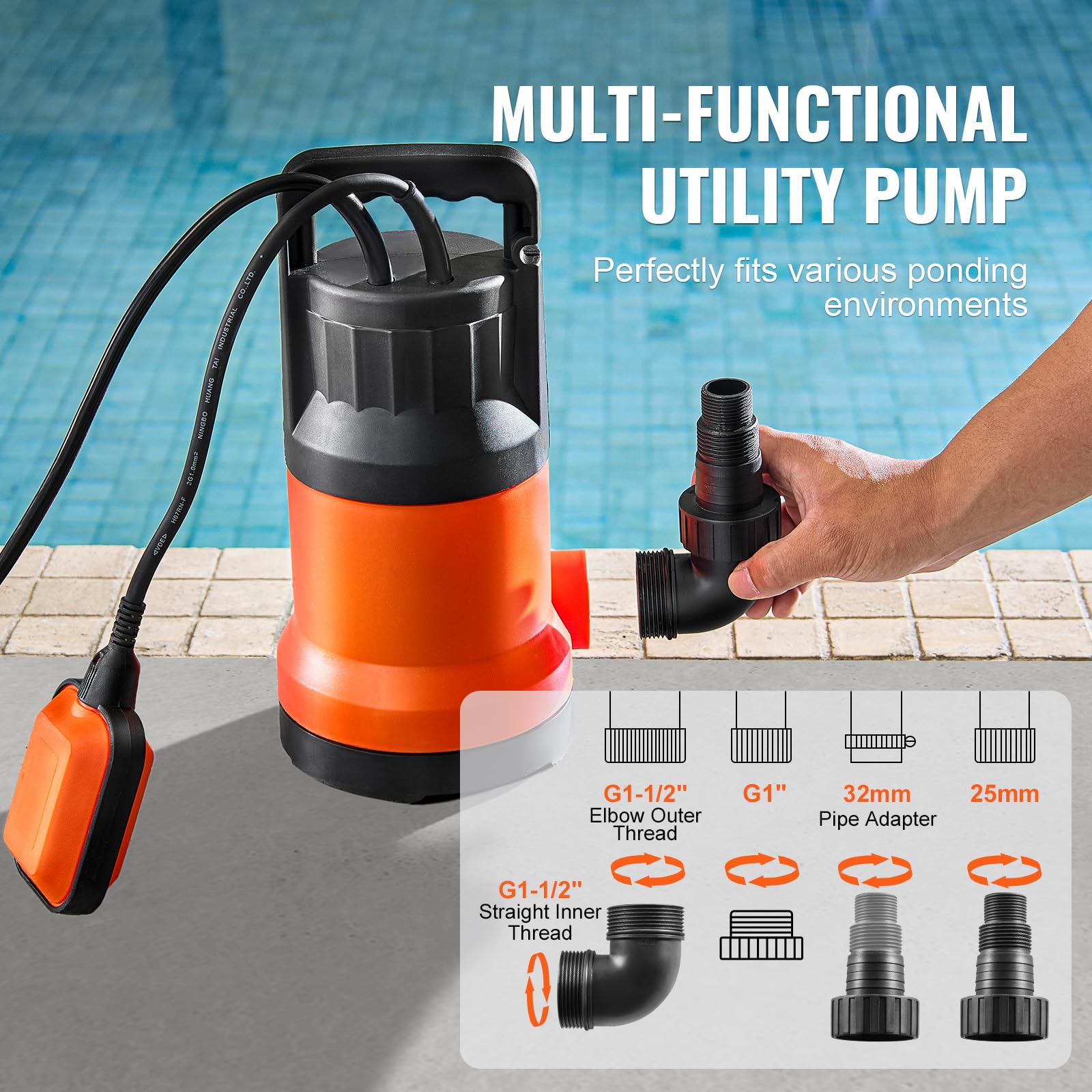 VEVOR Bomba Utilitaria Sumergible, 400 W, 9500 L/H de Alto Flujo, Cabezal de 7,9 m, Bomba Sumergible de Sumidero con Cable de Alimentación Largo para Drenar Agua de Piscina, Jardín, Estanque, Sótano