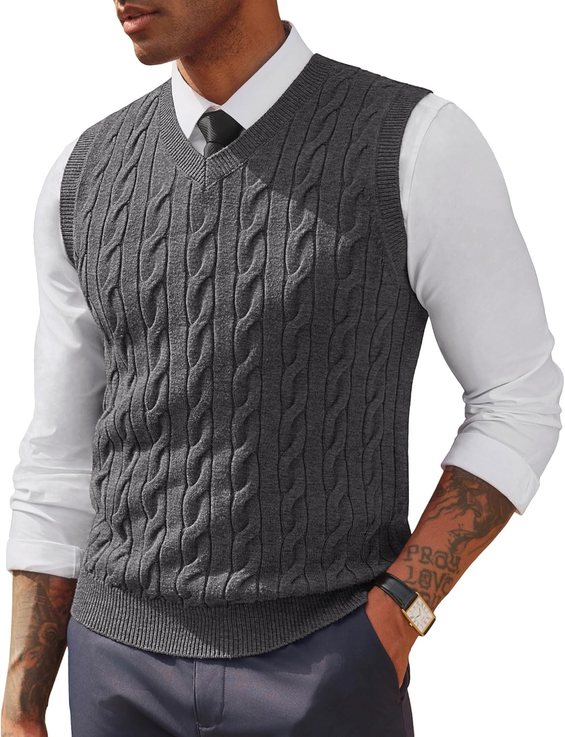 PJ PAUL JONES Men's Sweater Vests V Neck Cable Twist Knit Sleeveless Vests Casual Pullover Sweater