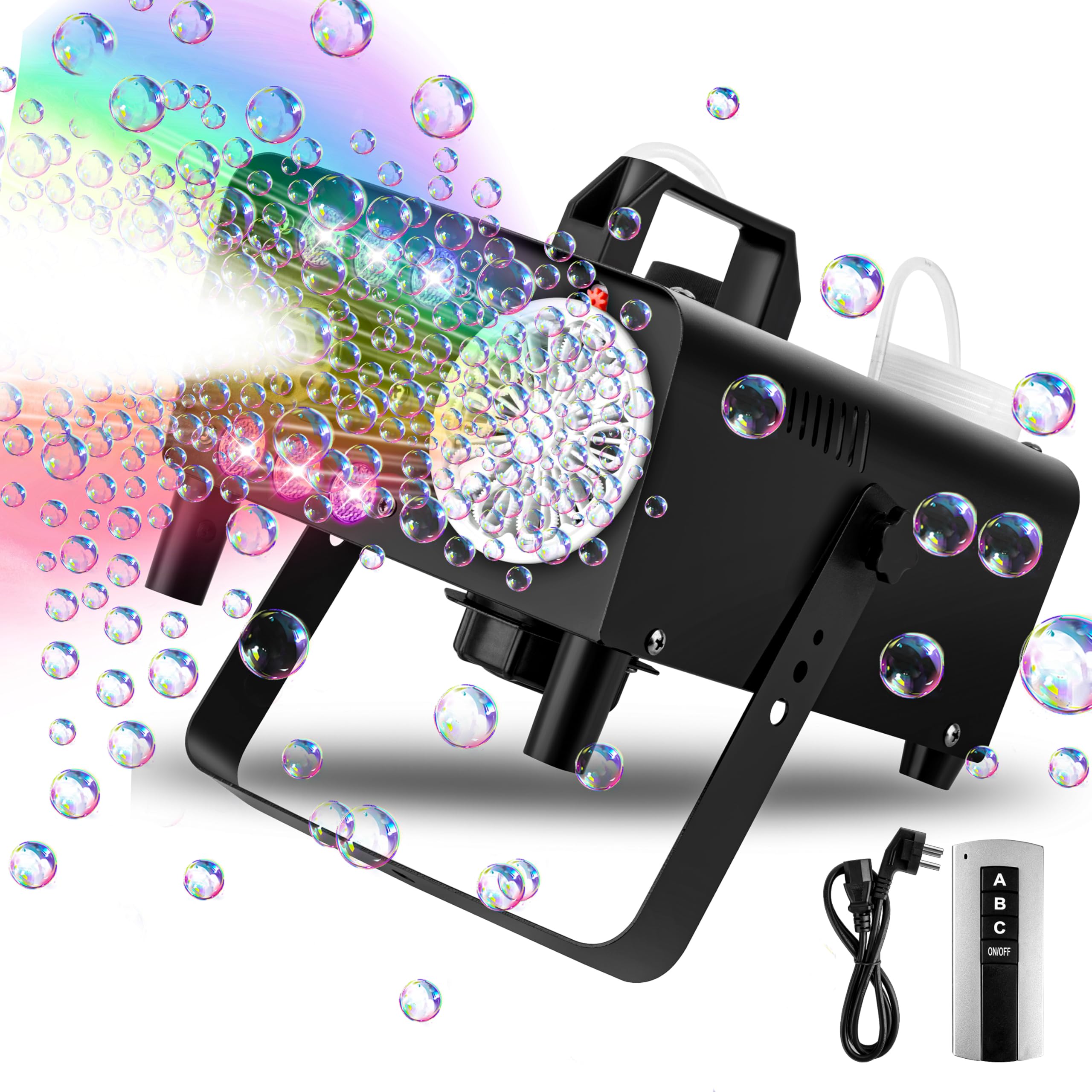 Macchina per bolle di fumo 3 in 1 con luci a LED e telecomando wireless, soffiatore per bolle, illuminazione RGB per feste, matrimoni, Halloween, Natale
