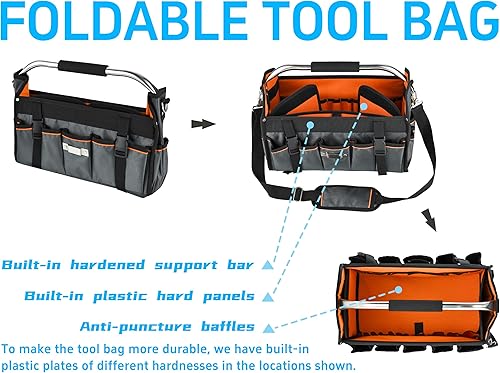 Miniatura 9 de Bolsa de herramientas con parte superior abierta de 16 pulgadas, tela gruesa 1680D, bolsas plegables de 29 bolsillos para herramientas con asa de