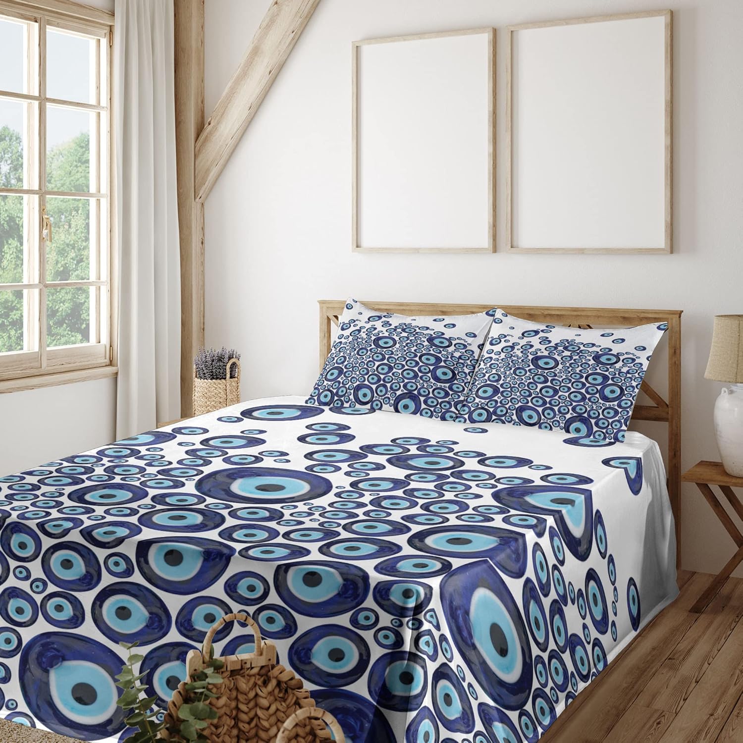 Ambesonne Evil Eye Sheet Set, Culture Folkloric Luck Glass Look Beads Graphic on Plain Background, Fitted and Flat Sheet with Pillowcases Bedding Accent 4 Piece Set, Queen, Dark Blue Pale Blue