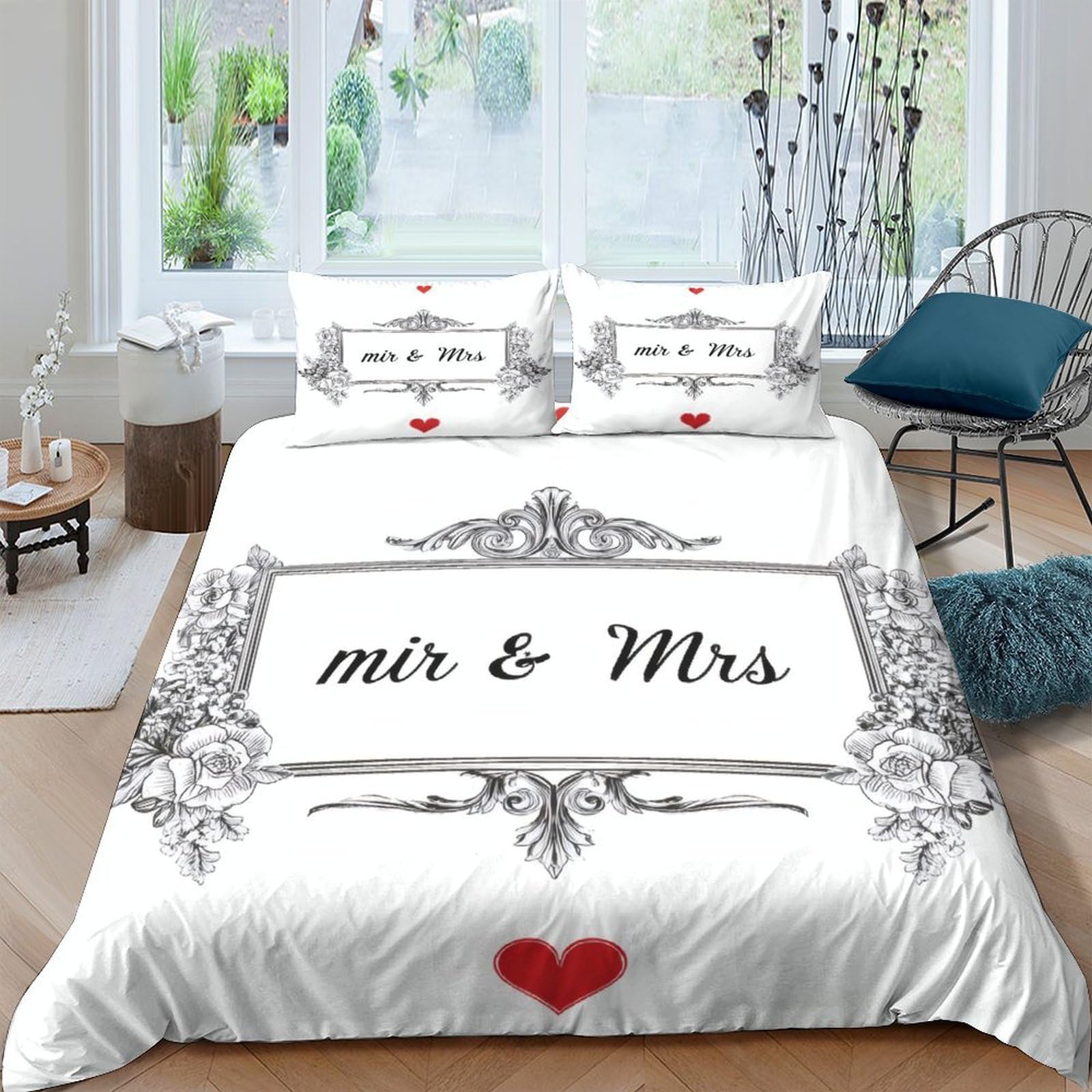 GPLZQXKJNH 3D Printed Mr & Mrs Duvet Cover Microfiber Soft Romantic Heart Bedding Set with 2 Pillowcases for Bedroom Decor Single（135x200cm）