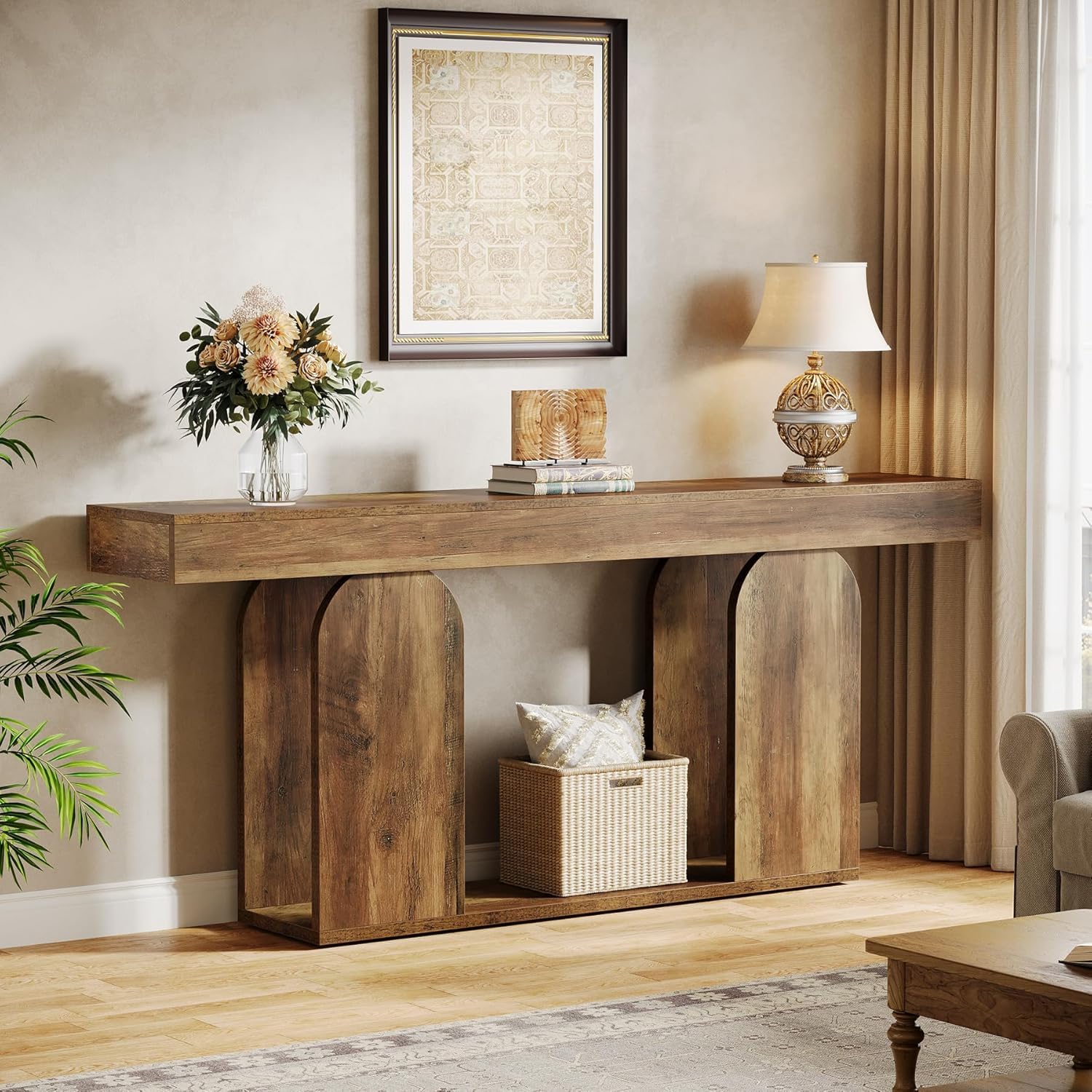 Tribesigns 160 cm Consolle Ingresso, Tavolo Consolle in Legno Industriale Dietro il Divano con Gambe con Motivo Retrò Cavo per Soggiorno, Corridoio, Ingresso, Marrone Rustico