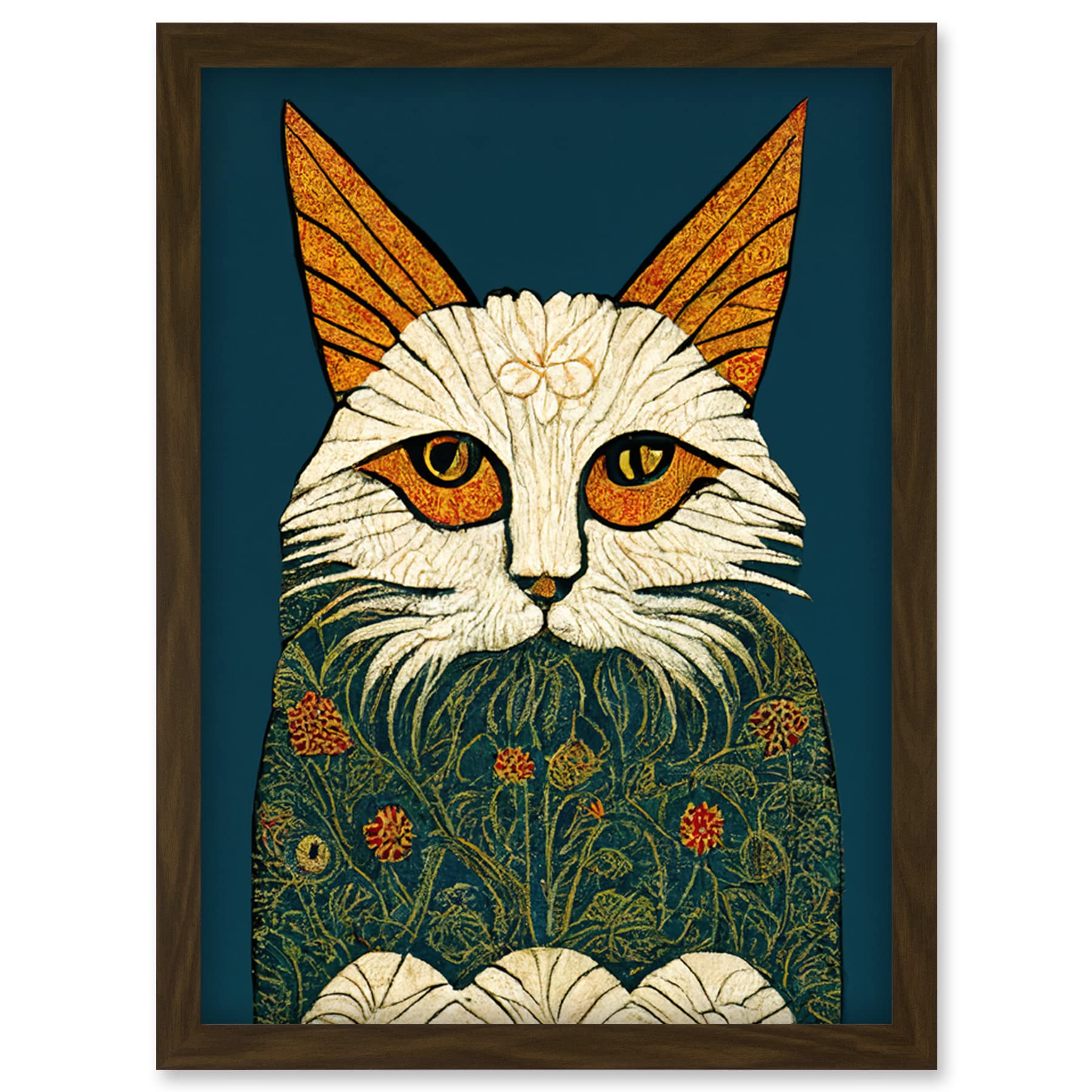 Doppelganger33 LTD Melancholy Moggie Cat Illustration William Morris Style Teal Gold Artwork Framed Wall Art Print A4