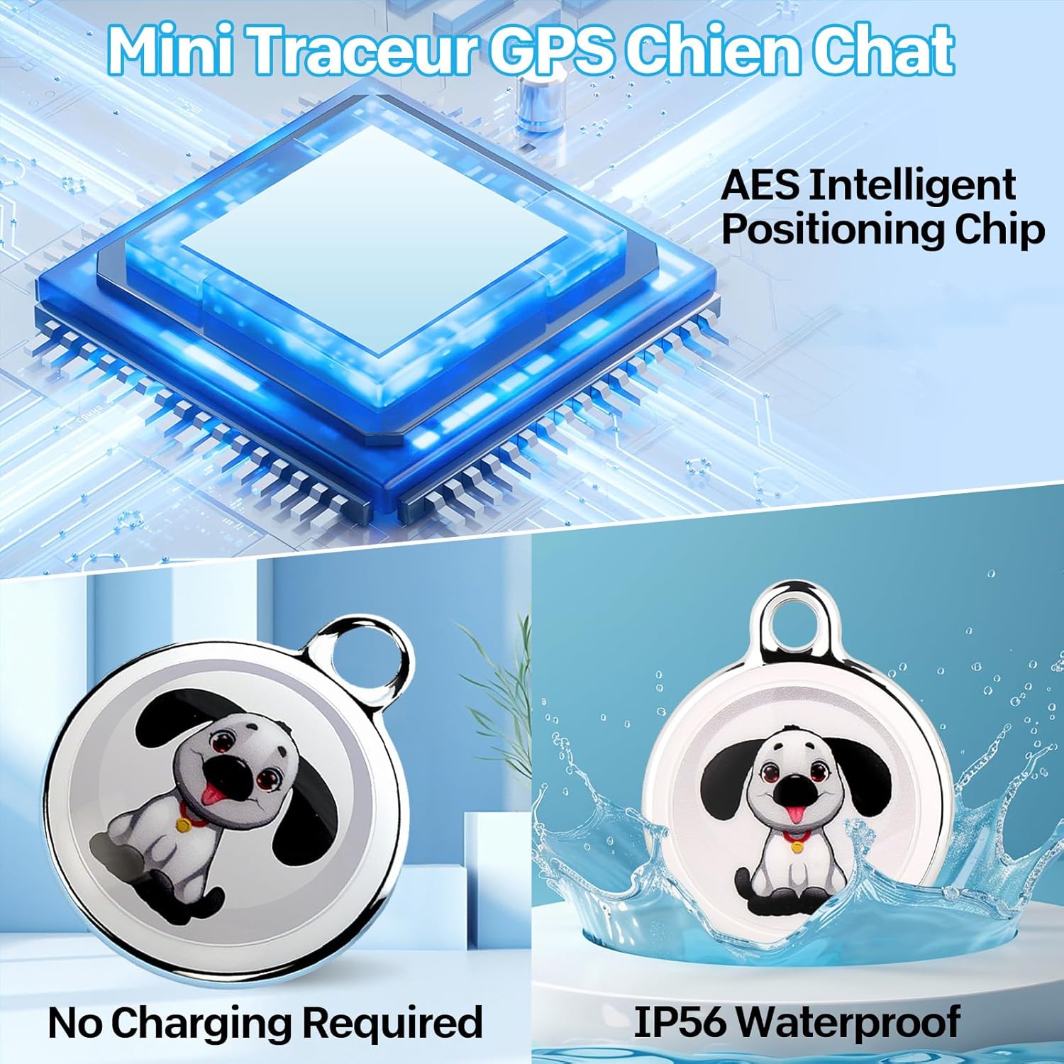 FLITI Mini GPS Tracker highlighting AES Intelligent Positioning Chip and IP65 Waterproof feature.