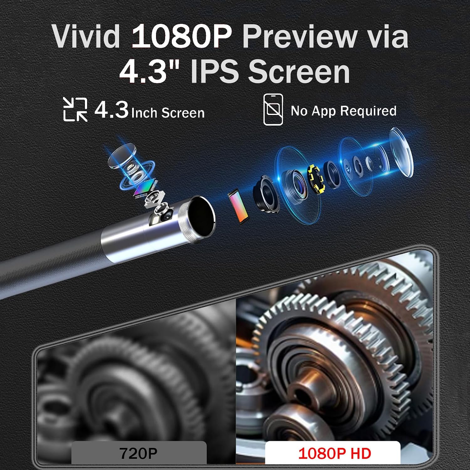 Dual Lens Articulating Borescope,0.24In Endoscope Camera with Light,5.3FT