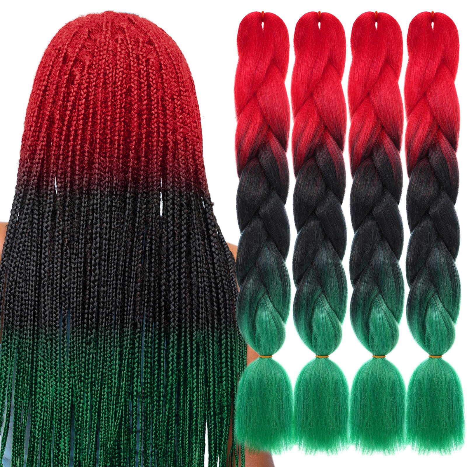 Solsew 4 Pack Red Black Green Braiding Hair Accessories Kwanzaa African Jumbo Braids 24 Inch Ombre Braiding Hair Extension for Women Black History