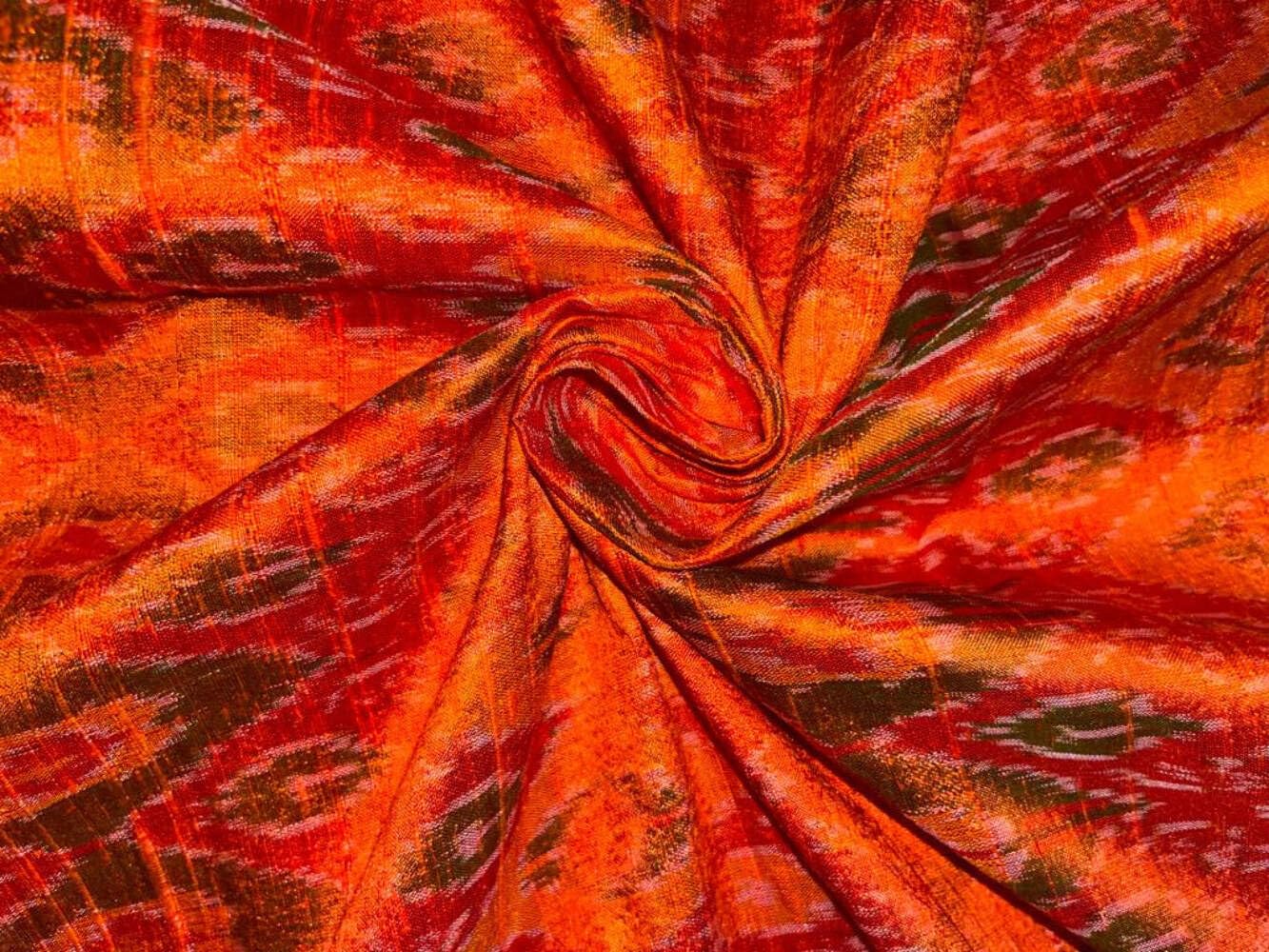 Tissu 100 % pure soie Dupion Ikat orange x vert 112 cm de large