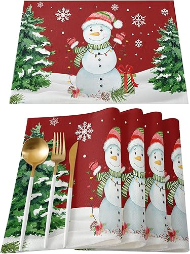 Juego de 4 manteles individuales de muñeco de nieve de Navidad para mesa de comedor, muñeco de nieve, copo de nieve, árbol de Navidad, duradero,