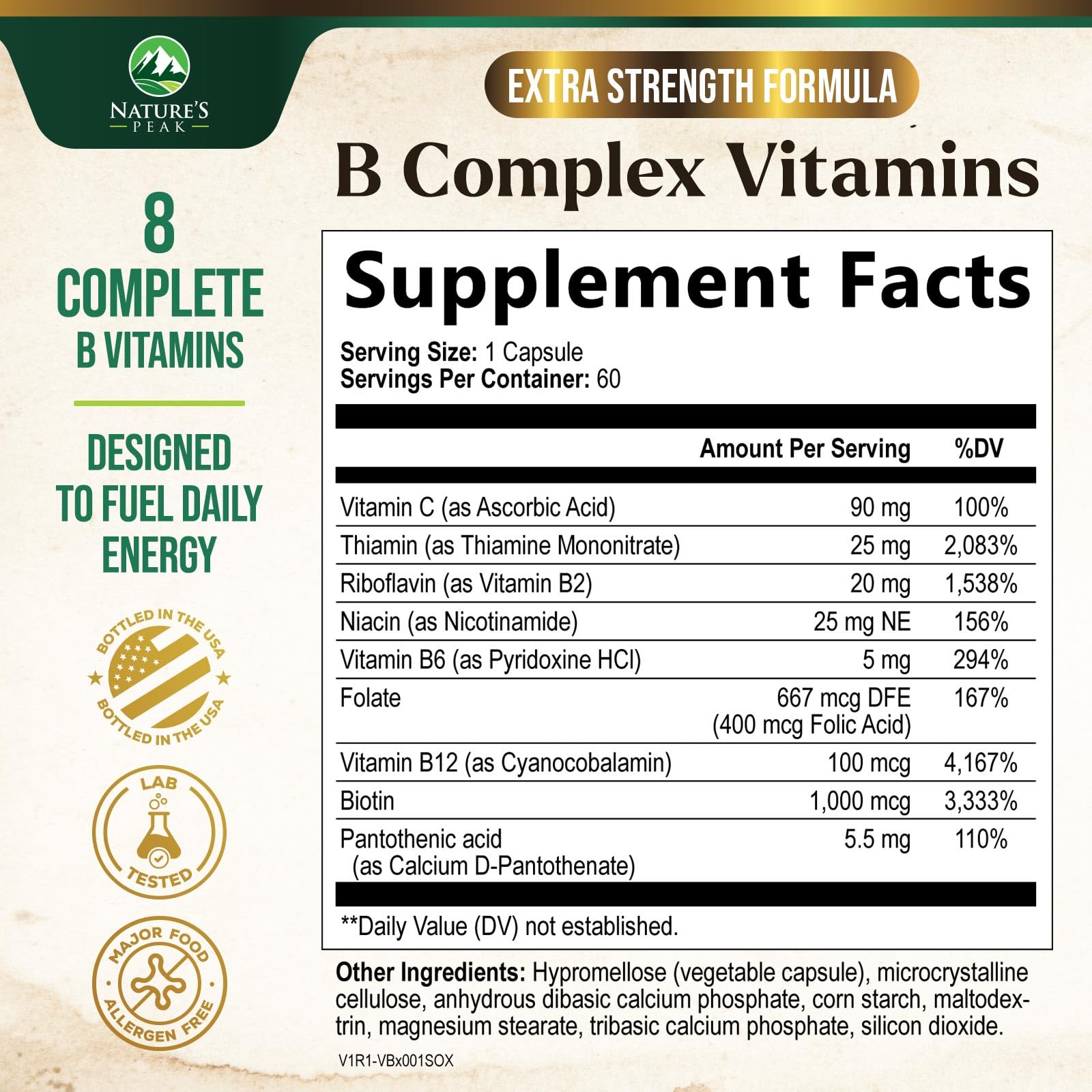 B Complex Vitamin - Super B Vitamins with Vitamin C & Folic Acid for Cellular Energy & Immune Support - Vitamin B Supplement With B1, B2, B3, B6 & B12 for Women & Men, Bottled in USA - 60 Capsules — Amazon image 2