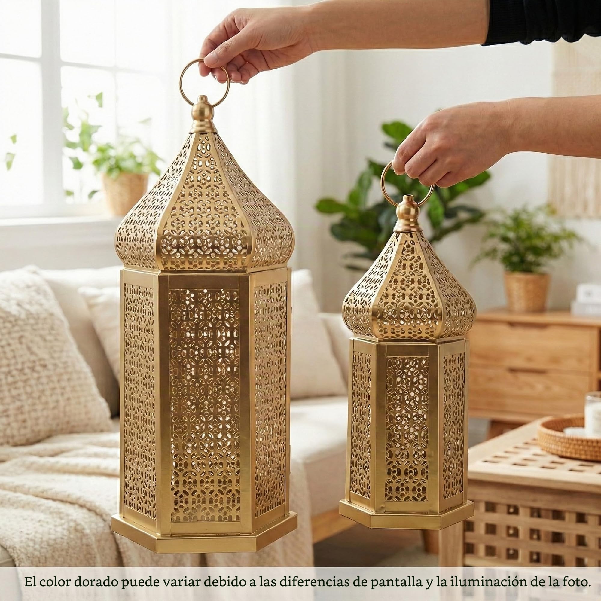 Vela Lanterns Temple Tower - Portavelas decorativo grande marroquí para Ramadán, patio, decoración del hogar, bodas, dorado, juego de 2 faroles | Decoraciones de Ramadán para el hogar, portavelas islámico Eid para centros de mesa o colgar, 11 y 15.25 pulg