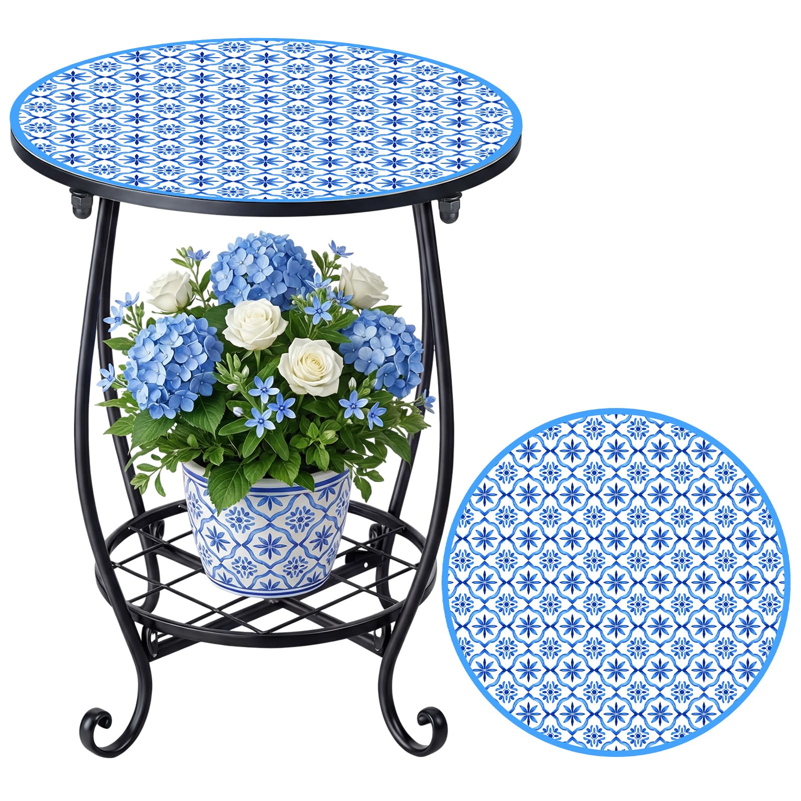 Cinnvoice Outdoor Side Table Round Small Mosaic Patio Accent Indoor End Plant Coffee Tea Table for Yard Patio Porch Garden Living Room, Bedroom(Blue Tile Style,14 Inch)