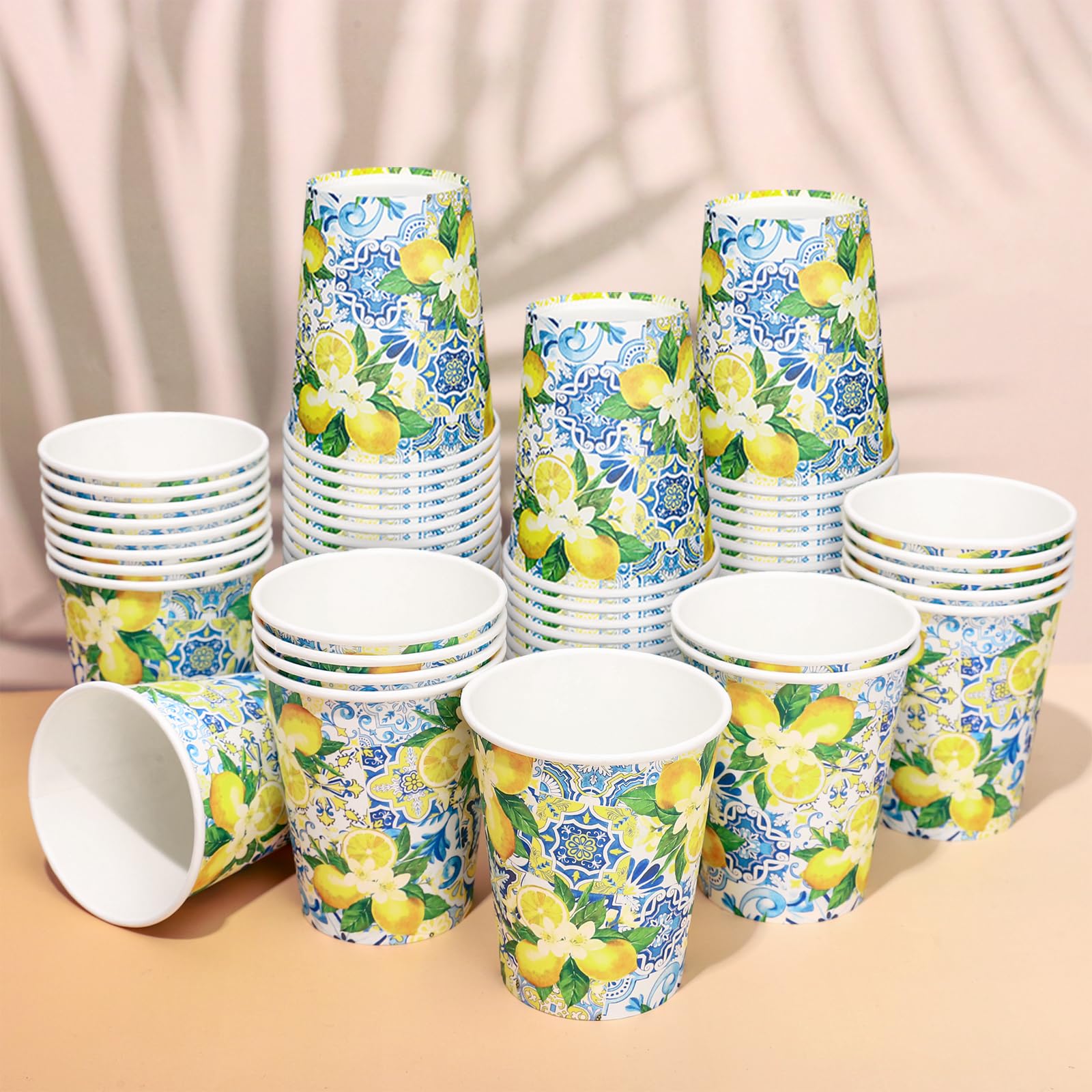 FYSUIMU 50 Pcs Summer Paper Cups Watercolor Blue Tiles Yellow Lemon Disposable Cups 9oz Chinoiserie Fruit Party Drinkware for Hot Cold Drinks Birthday