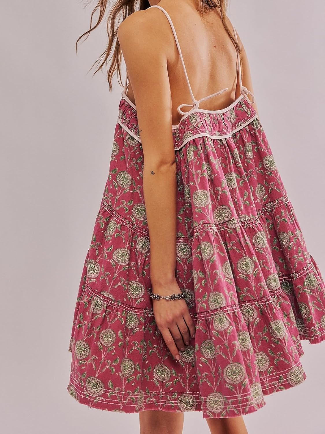 Women Boho Mini Dress Adjustable Spaghetti Strap Sundress Floral Short Flowy Casual Summer Loose Babydoll Dresses - Image 2