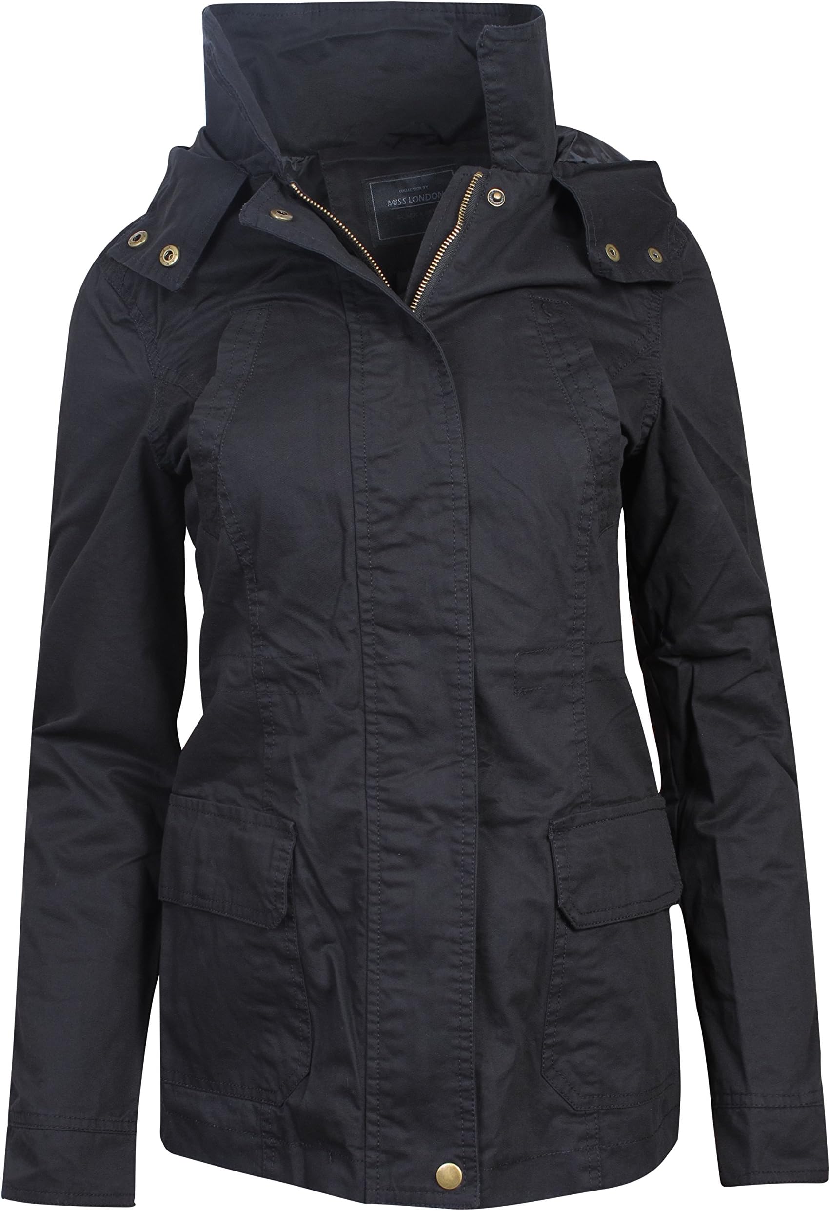 'Miss London Women's Military Anorak Hoodie Jacket with Drawstring Waist, Black, Medium'