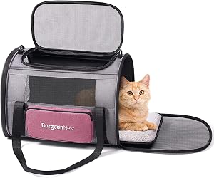 BurgeonNest Cat Carriers for Medium Cats Under 15 lbs, Pet Carrier for Cats with Unique Side Bag,Top Load Small Pet Carrier Soft-Sided Escape Proof with 4 Ventilated Windows