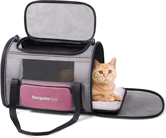 BurgeonNest Cat Carriers for Medium Cats Under 15 lbs, Pet Carrier for Cats with Unique Side Bag,Top Load Small Pet Carrier Soft-Sided Escape Proof with 4 Ventilated Windows