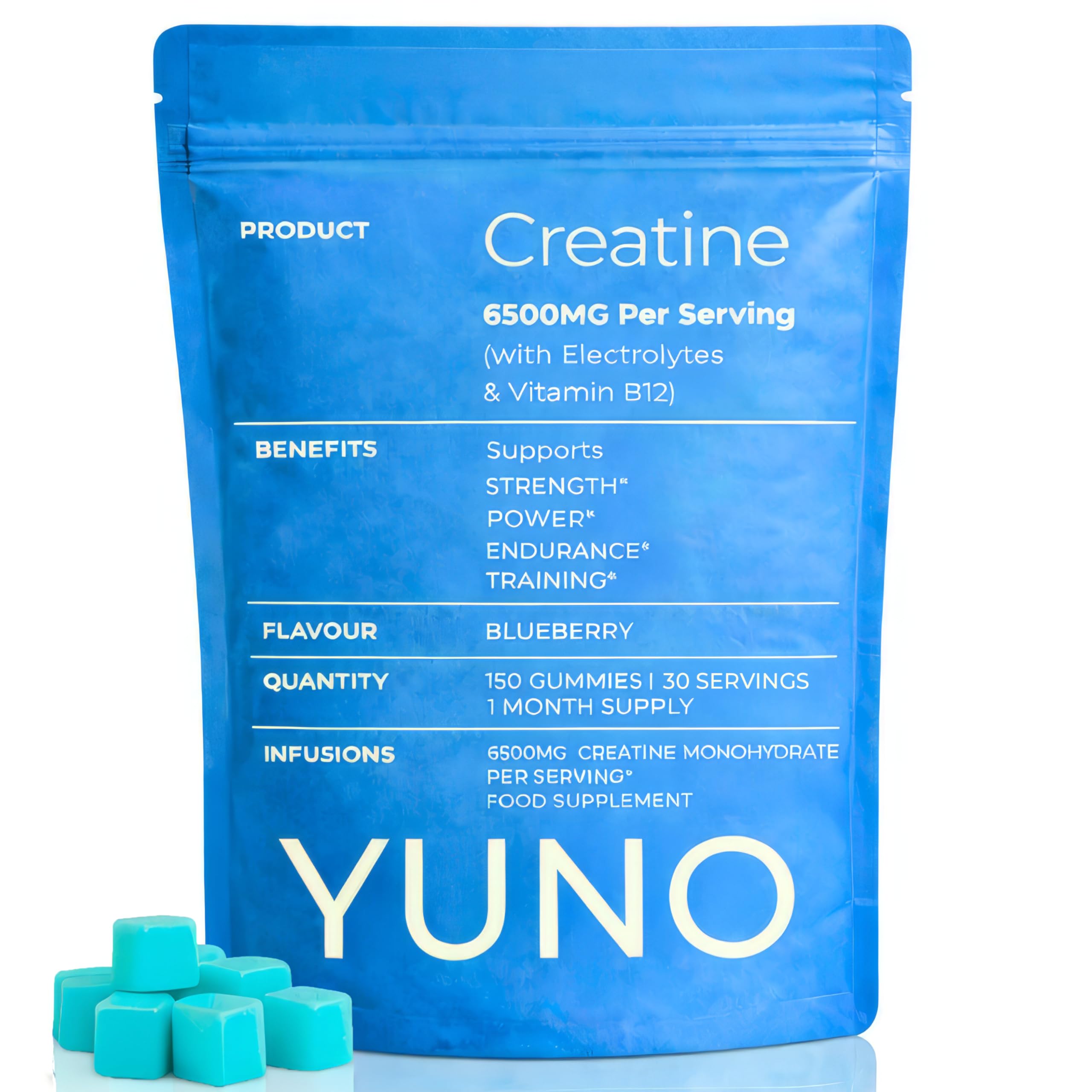 Yuno 150 Creatine + Electrolyte 6500mg Gummies – High Strength Muscle Growth/Recovery/Performence Support for Athletes - Natural Blueberry Flavour, with Magnesium, Potassium & Sodium Electrolytes