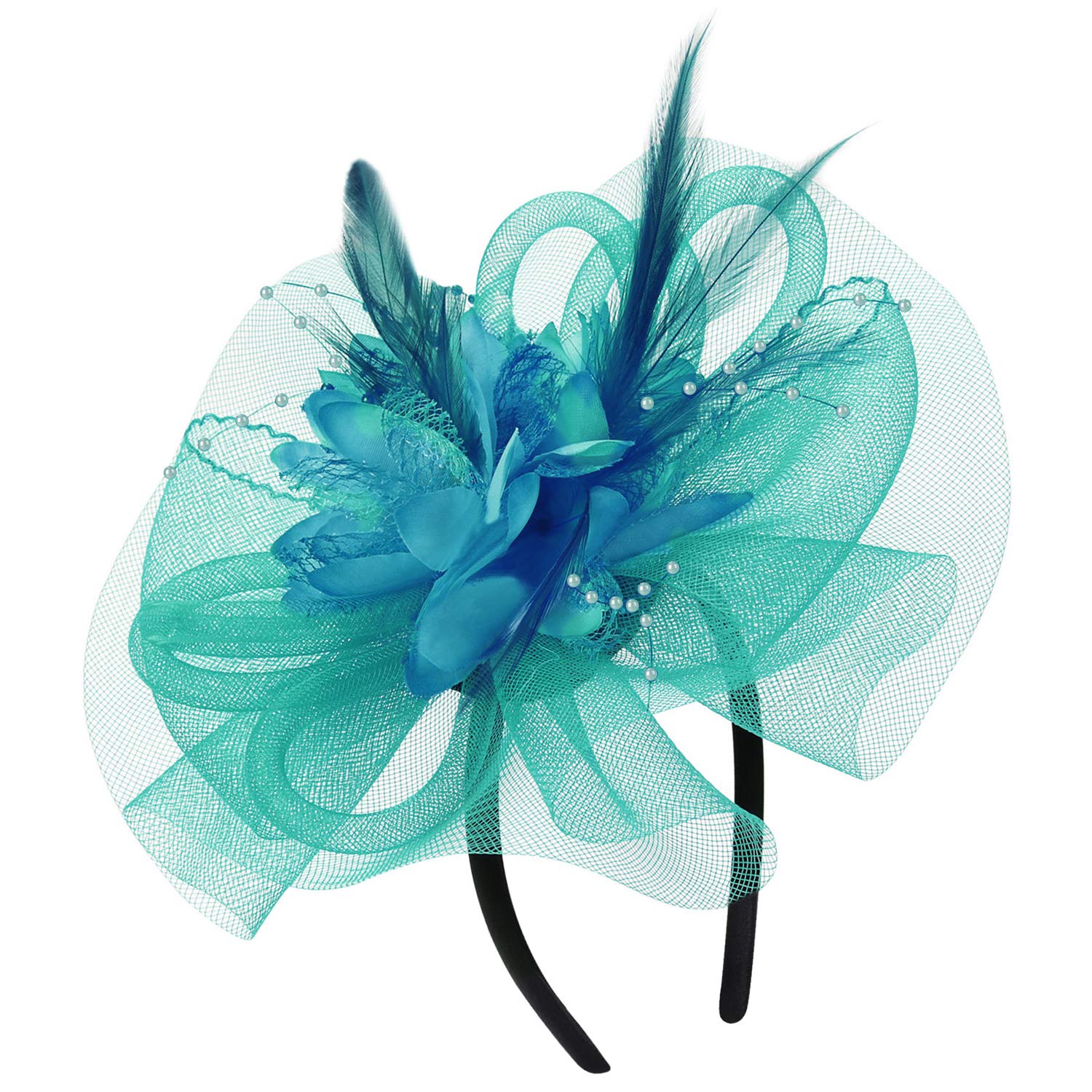 Haozaikeji Women's Emerald Green Fascinators For Girls, Feather Fascinator Hat Mesh With Headhand, Flower Cocktail Tea Party Headwear For Wending Hen Party Pillbox Hat