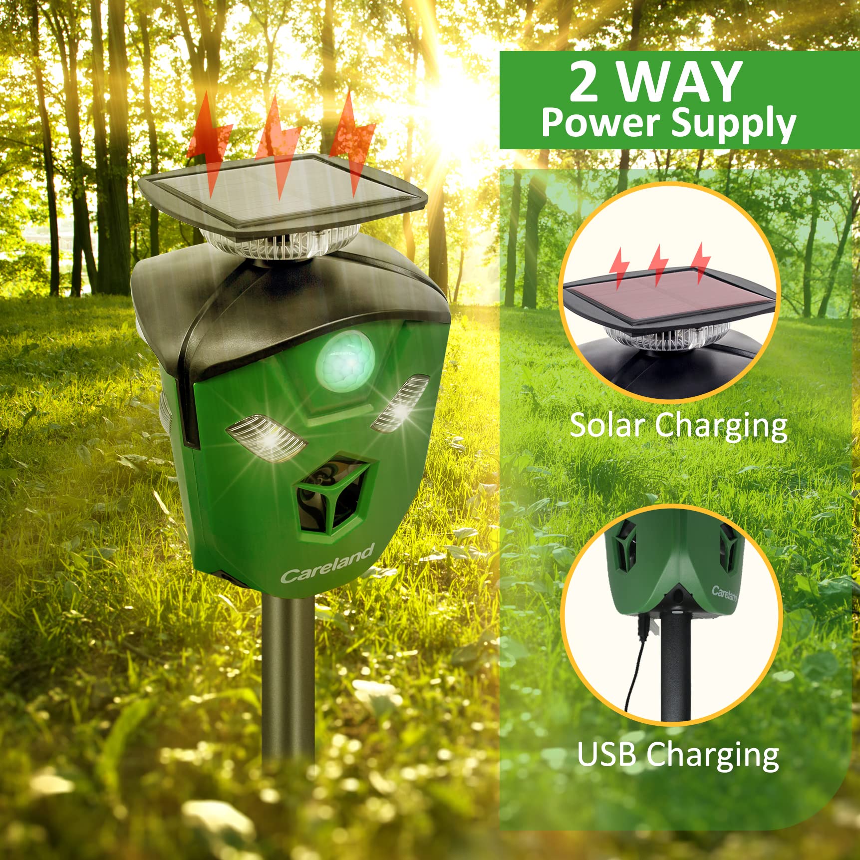 Careland 360?? Solar Ultrasonic Animal Repellent with Motion Sensor Cat Dog Repellent Squirrel Raccoon Deer Deterrent Chaser Protect Farm Garden Yard Pond