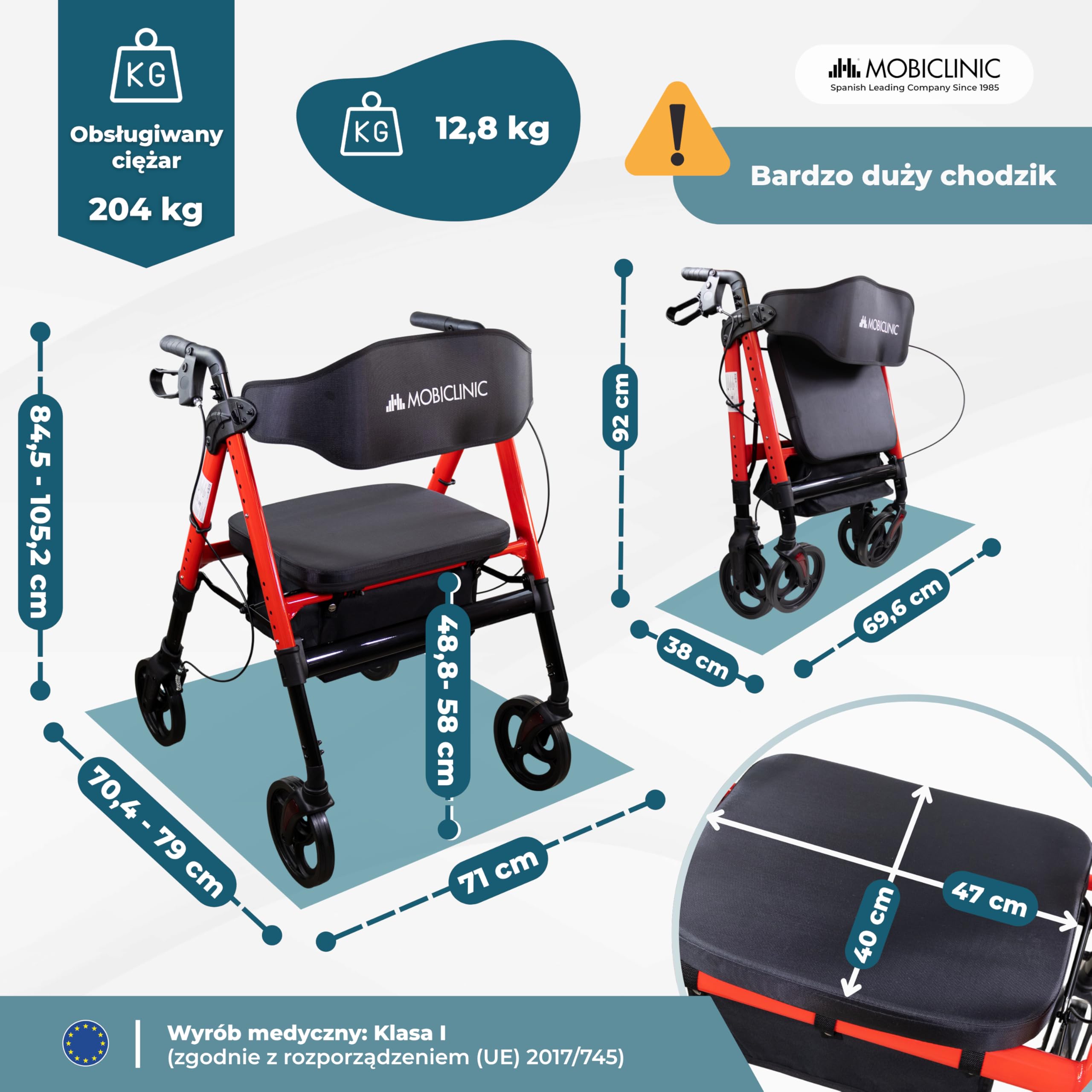 Mobiclinic®, Chodzik Bariatryczny, XXL, do 204 Kg, Specjalna Szerokość, Składany, Regulowana Kierownica i Siedzisko, Kółka 360º, Oparcie, Kosz XL, Wzmocnione Aluminium, Madeira
