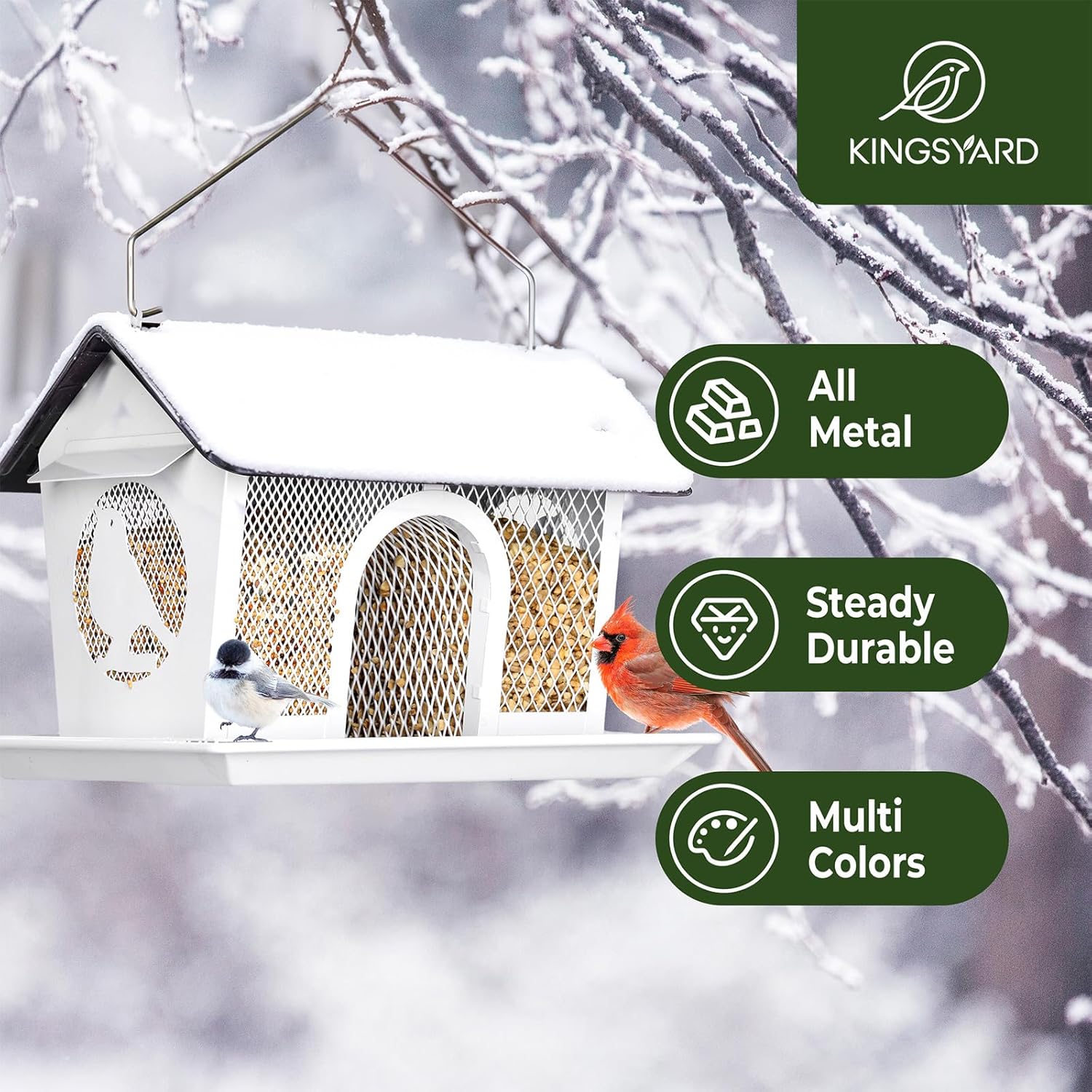 Kingsyard Bird Feeder for Outdoors Hanging, Dual-Use Metal Mesh Wild Bird Feeders with Seed Tray & Weatherproof Roof, 3 lbs Large Capacity, White