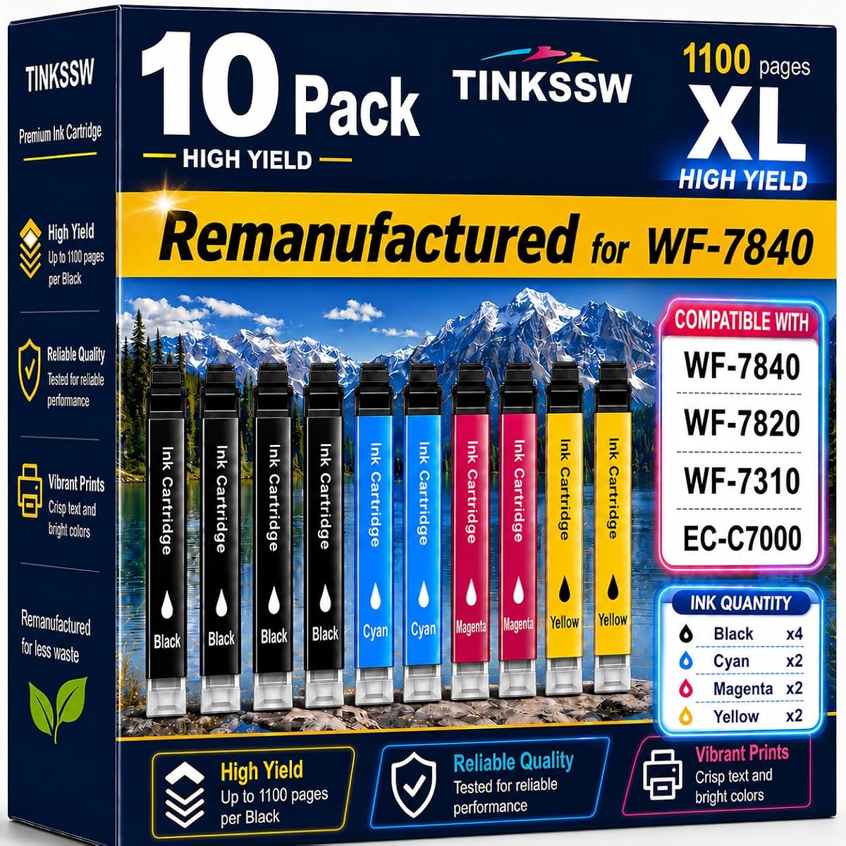 Remanufactured Replacement for Epson 812XL Ink cartridges Combo Pack | for 812 XL T812XL for Workforce Pro WF-7840 WF-7820 WF-7310 EC-C7000 Printer 10 Pack 4 Black 2 Cyan 2 Magenta 2 Yellow