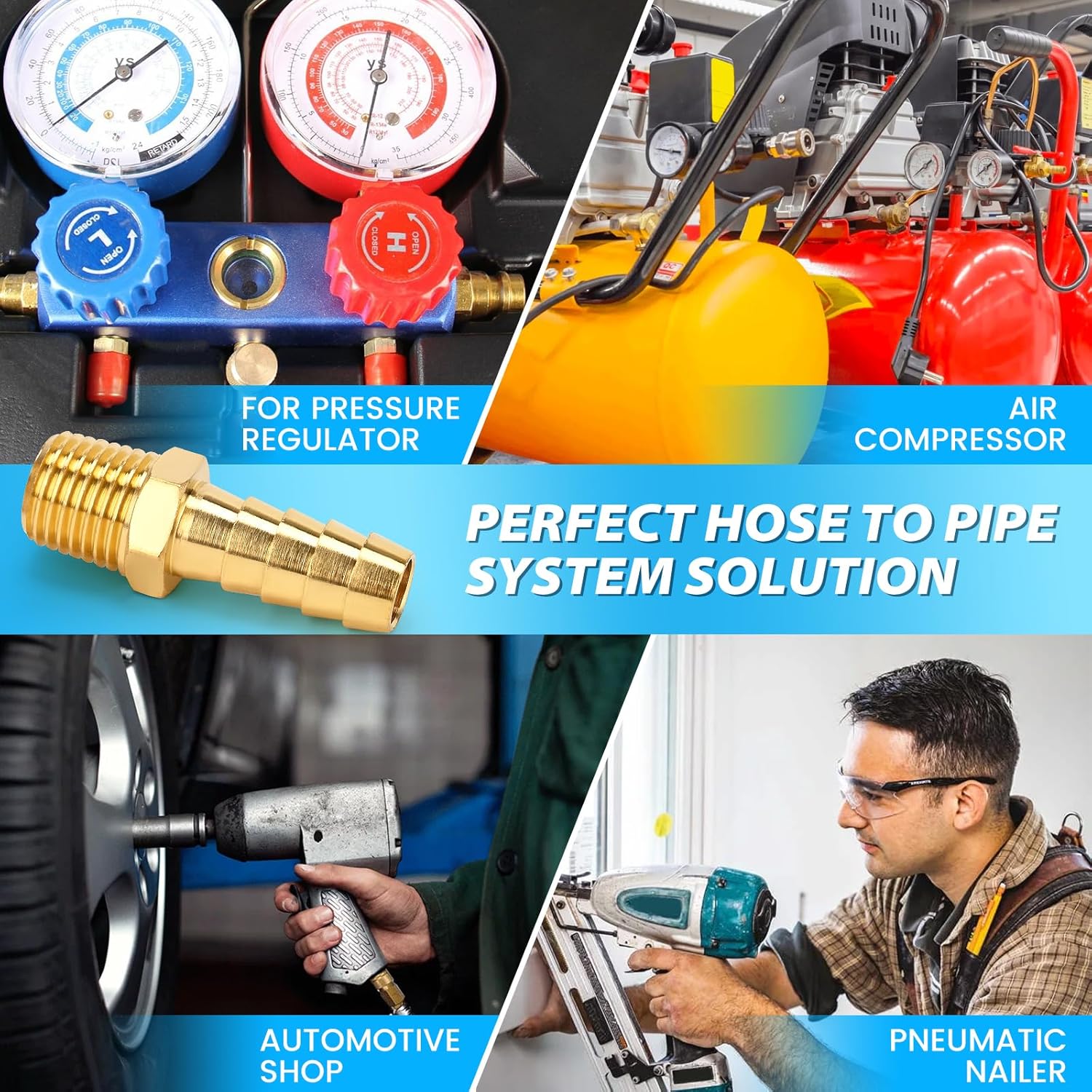 2 Pcs Air Hose Barb Fittings, 1/4 NPT to 3/8 Barb, Barbed Hose Fittings, Male Thread Hose Barb Adapter Connector