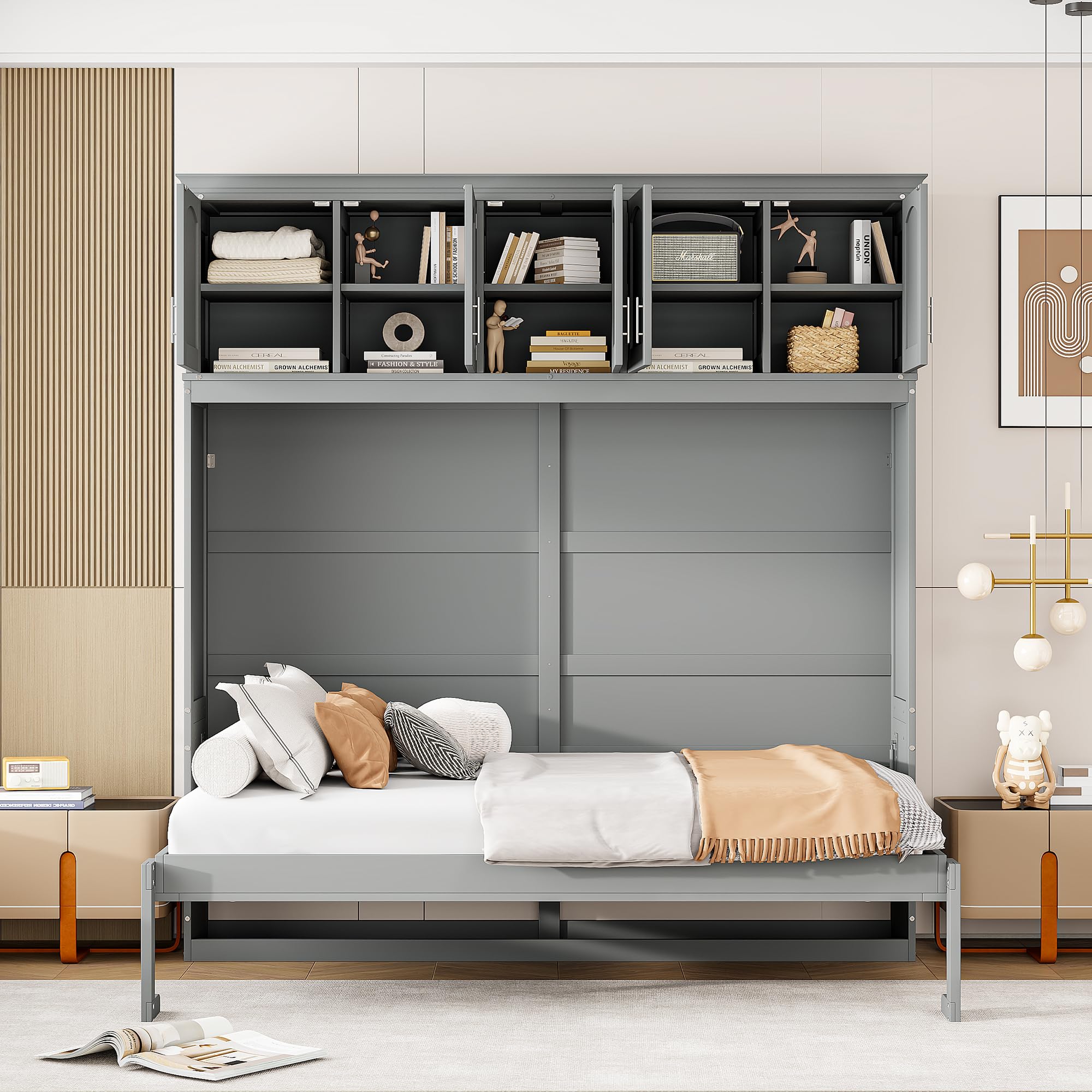 Merax Modern Murphy Cabinet Bed with Top Cabinets, Solid Wood Wall Platform Bed/No Box Spring Needed/Easy Assemble Full,Gray