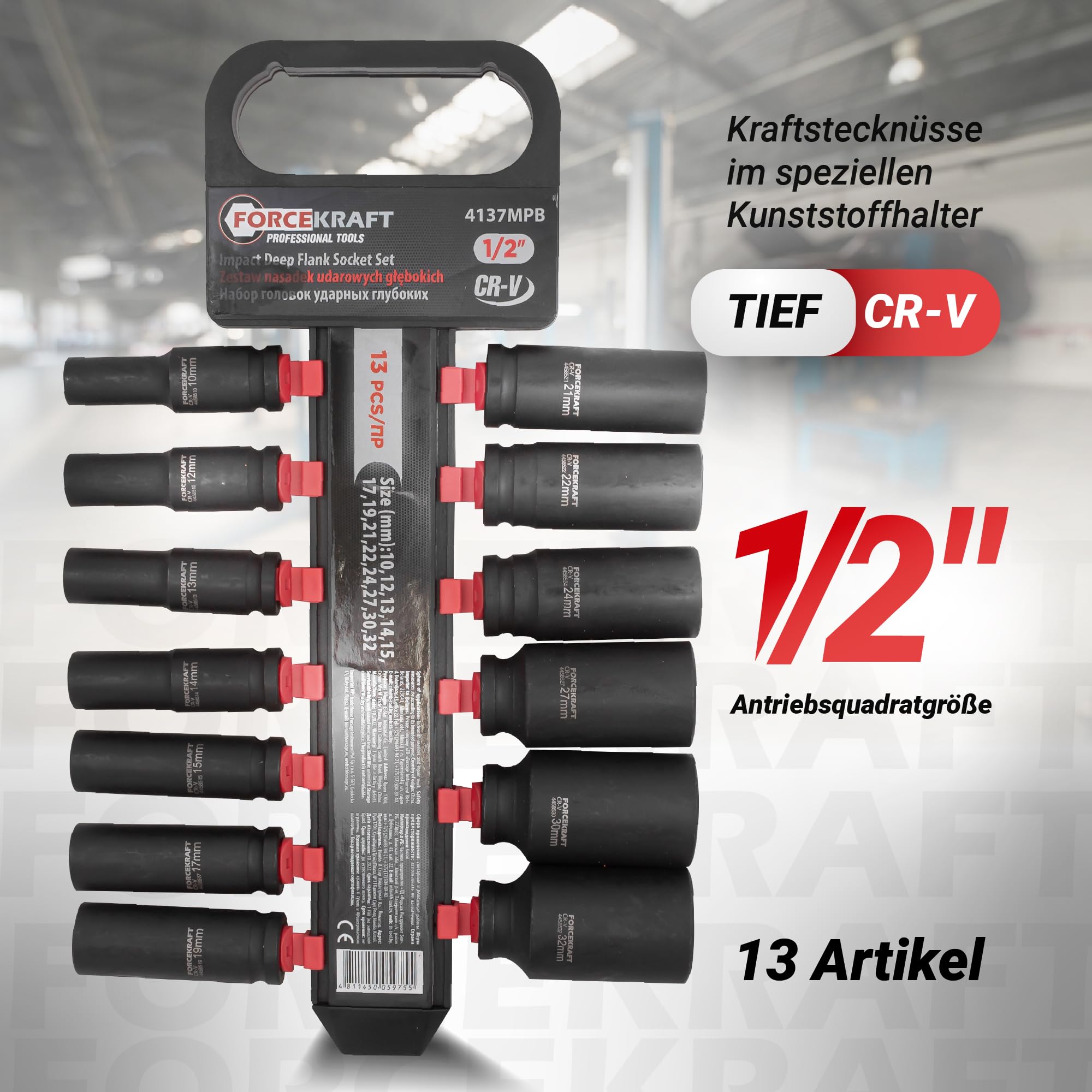 Schlagnuss-Satz 1/2" mit tiefen Schlagnüssen 13-tlg, Kraft Schlagschrauber-Nüsse Set