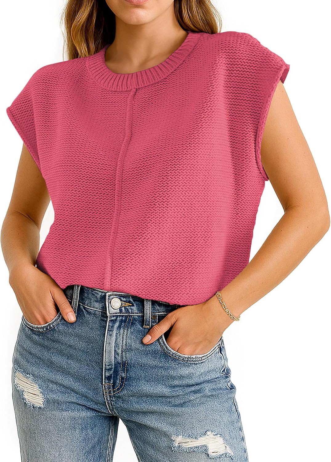 COSSEN Womens Summer Cap Sleeve Tops Trendy Casual Crew Neck Knit Lightweight Sweater Pullover Top