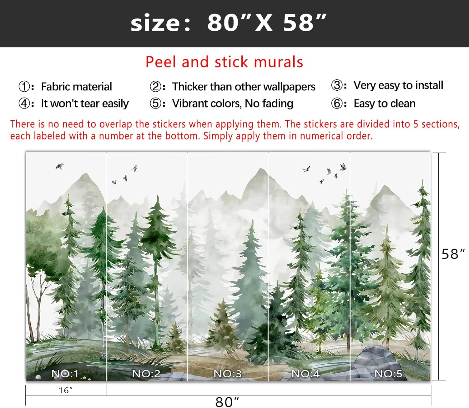 YIHWM-Peel and Stick Nursery Forest Wallpaper Children's Room Boys Bedroom Watercolor Tree Large Self-Adhesive wall mural-80 x58（32 Square Foot）
