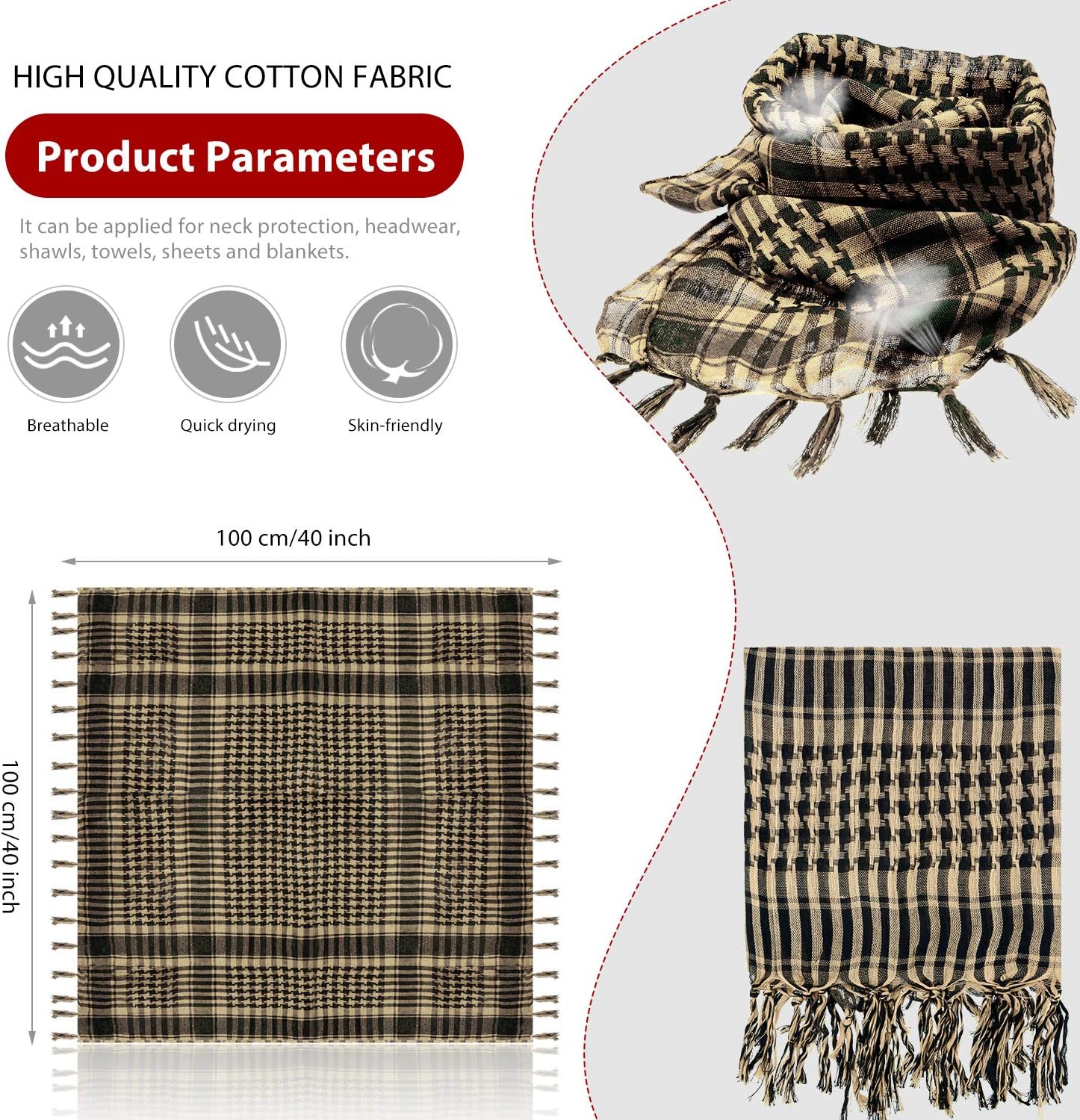 SATINIOR 3 Pcs Shemagh Scarf Men Keffiyeh Scarf Arab Scarves Unisex Plaid Turban with Tassels for Men Women Winter Outdoor - Image 3