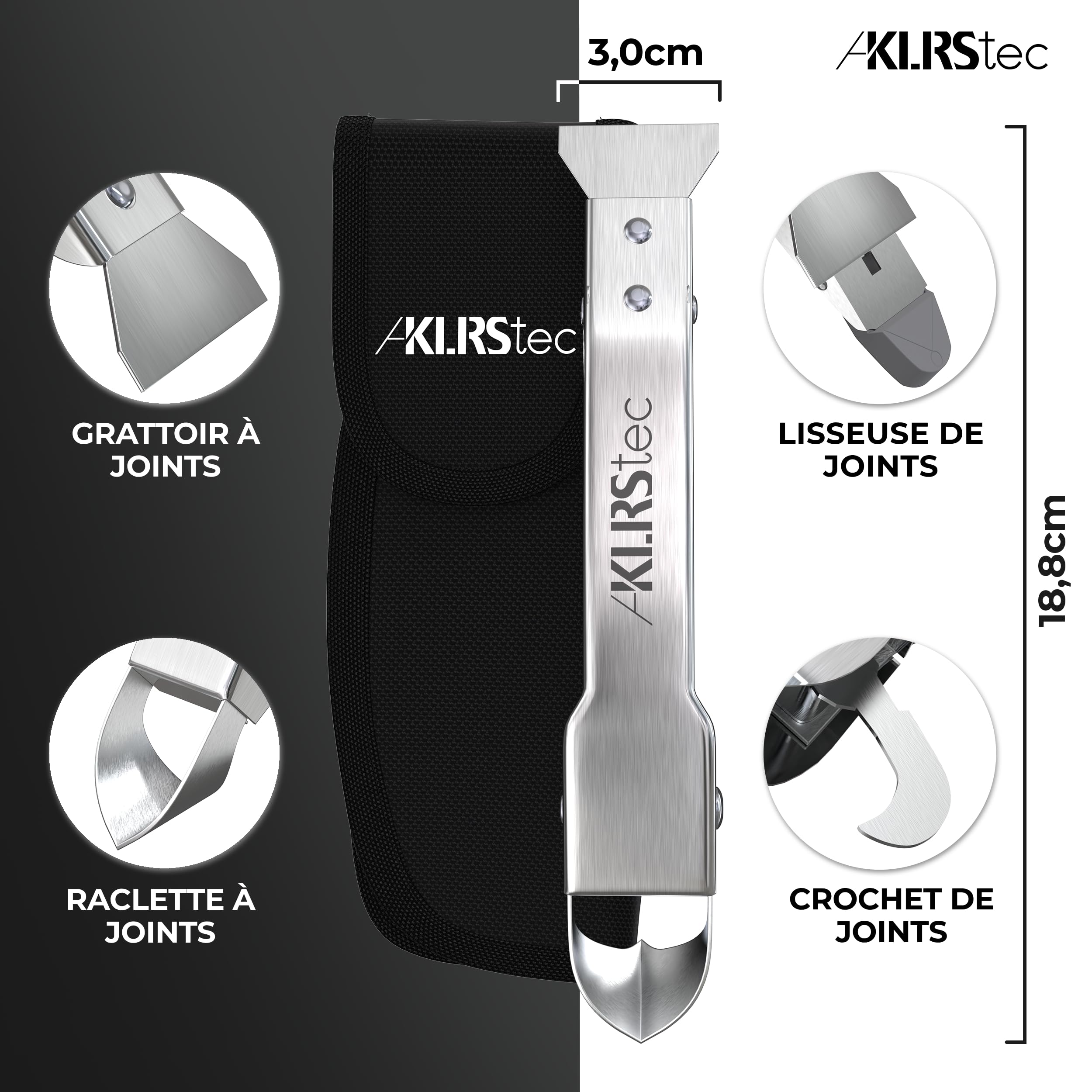 KLRStec Professional Outil de Calfeutrage de Joints [100% acier inoxydable] Multitool robuste 4 en 1 Kit Grattoir à Joints Silicone & Raclette - Set des Outils pour Rénover les Joints de Silicone