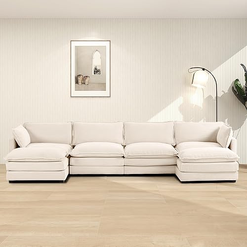 ROWHY Sectional Cloud Couch with 2 Ottomans, Oversized 4 Seat Sleeper Sofa with 2 Throw Pillows, Convertible Upholstered U Shaped Cozy Sofa Furniture Set for Living Room and Office, Beige