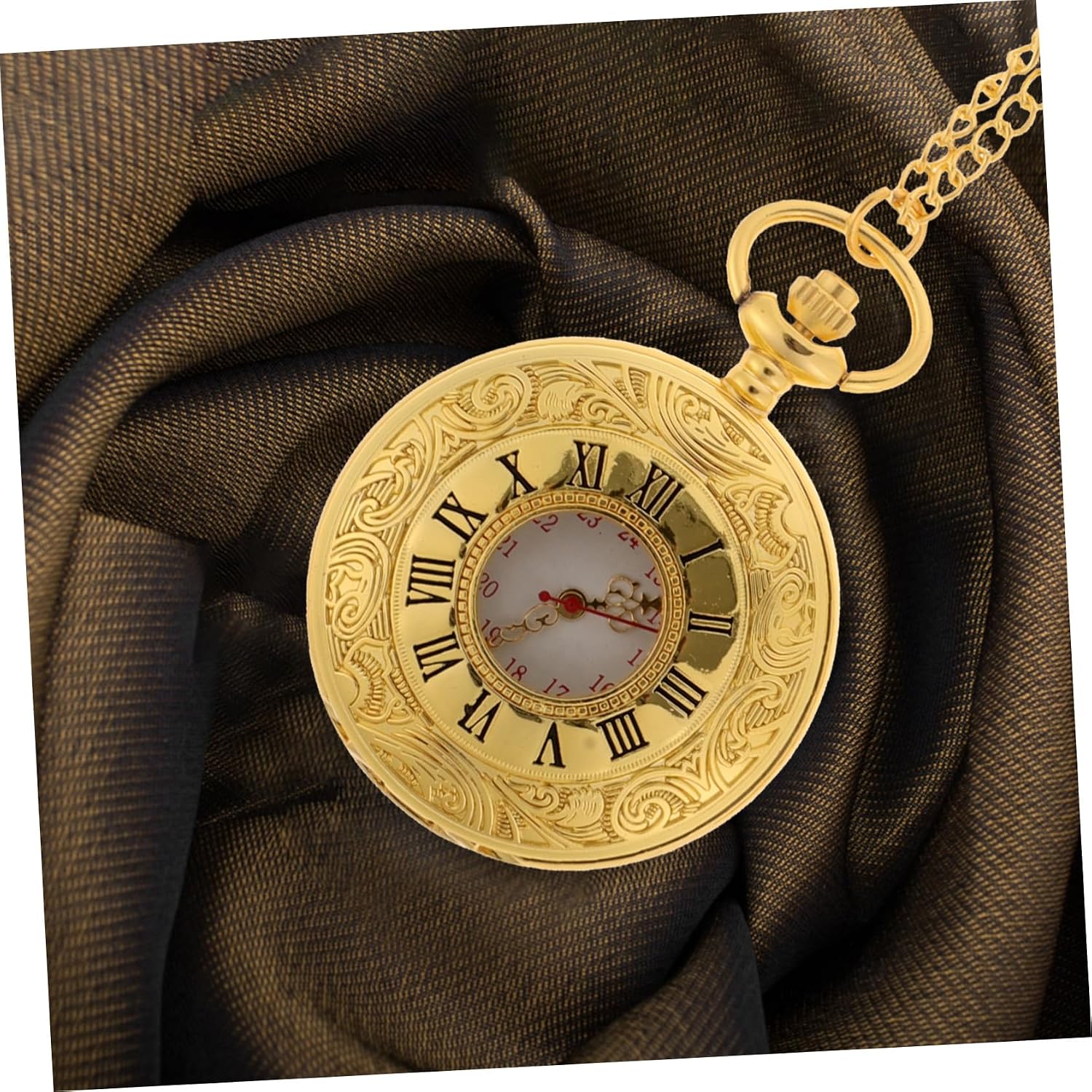 Unomor Vintage Roman Numerals Pocket Watch for Men and Women Retro Embossed Flip Cover Design Lightweight Compact Decorative Timepiece with Chain Stylish Gift for Students and All Ages