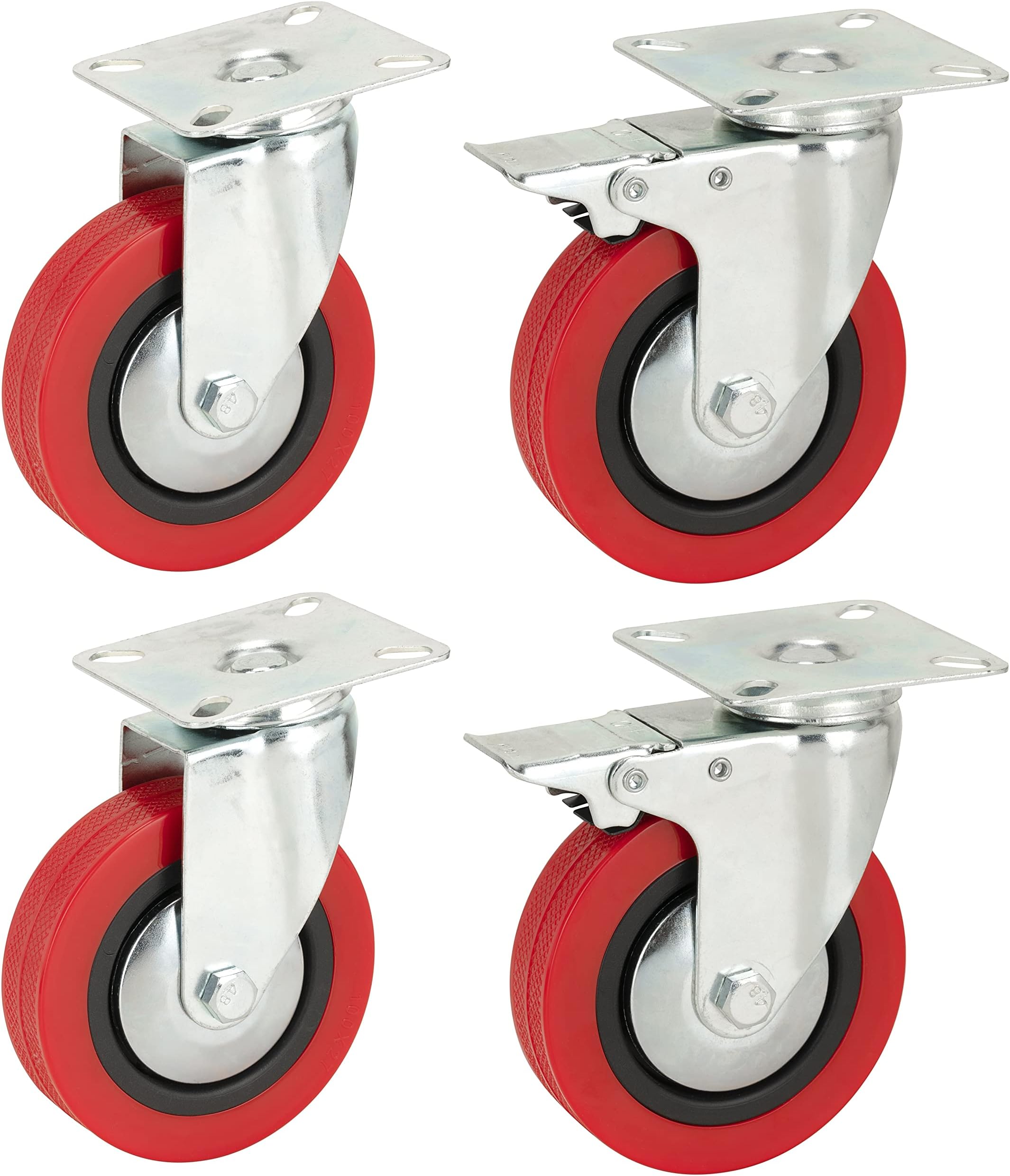 100mm Polyurethane Swivel Casters with brakes (RED PU) - HEAVY DUTY - Furniture, Appliance & Equipment Wheels by Bulldog Castors - Max 400Kg Per Set