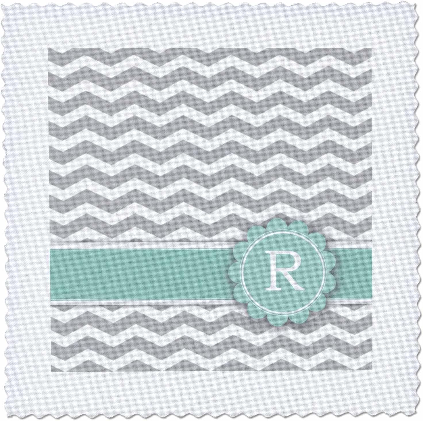 3dRose Letter R Monogrammed on Grey and White Chevron with Mint - Gray Zigzags - Personal Initial Zig Zags 25x25 inch Quilt Square