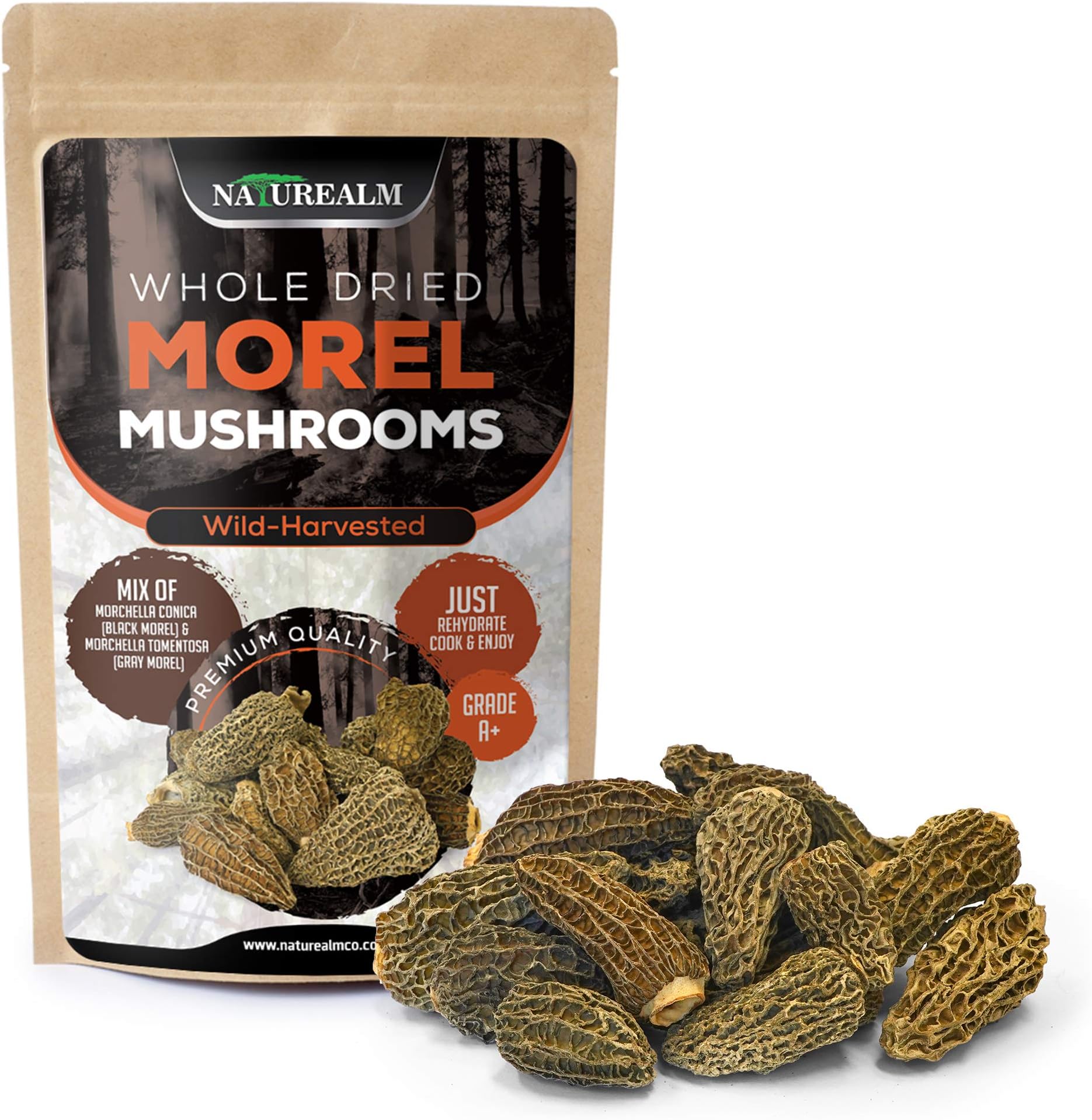 Naturealm Morel Mushrooms Wild-Harvested in Canada, Grade A+ Premium Clean Whole Dried Morels in Compostable Bag - 2oz.