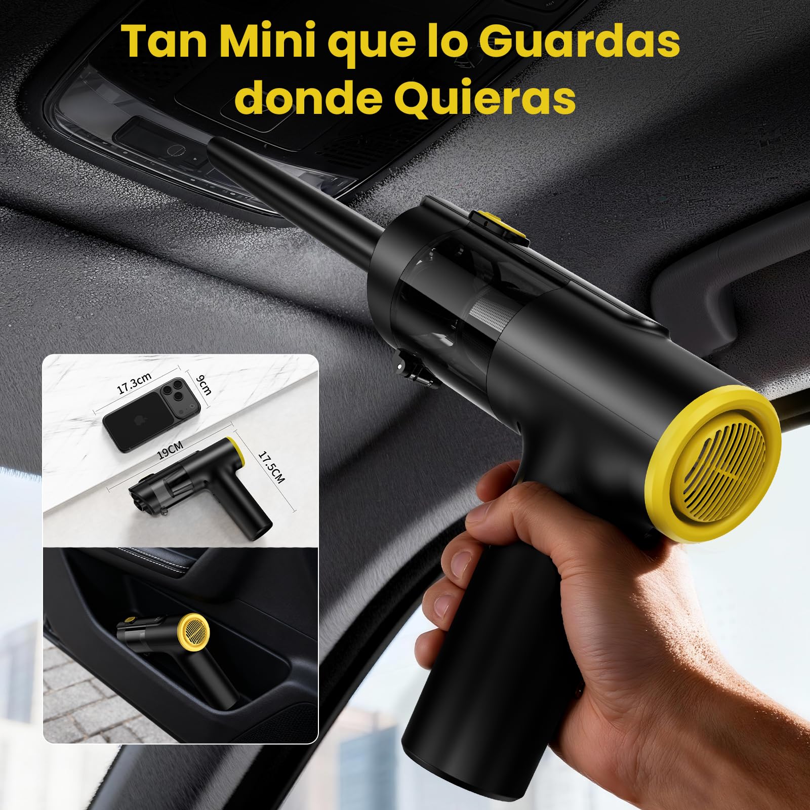 V5 Aspiradora de Mano sin Cable 28KPa/60Min,Aspiradora Coche Potente | Mini Aspiradora de Mano Portátil 3 en 1 Aspirar/Soplar/Inflar, Pantalla LED, Luz Verde y Filtro HEPA