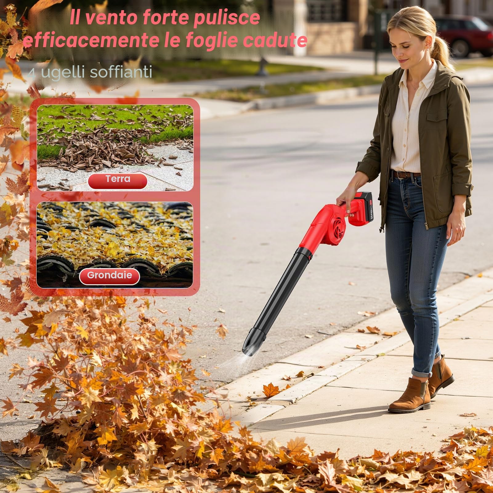 Soffiatore per foglie senza fili con batterie 21V 2*3000mAh e caricabatterie, soffiatore elettrico 320CFM 180MPH, 3 livelli di velocità e 3 tubi di soffiaggio, soffiatori da giardino leggeri con turbo