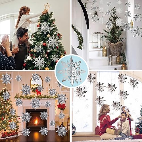 Miniatura 6 de 12 piezas grandes de Navidad colgantes de copo de nieve decoraciones de fiesta 3D de copos de nieve plateados para Navidad, boda, decoración de